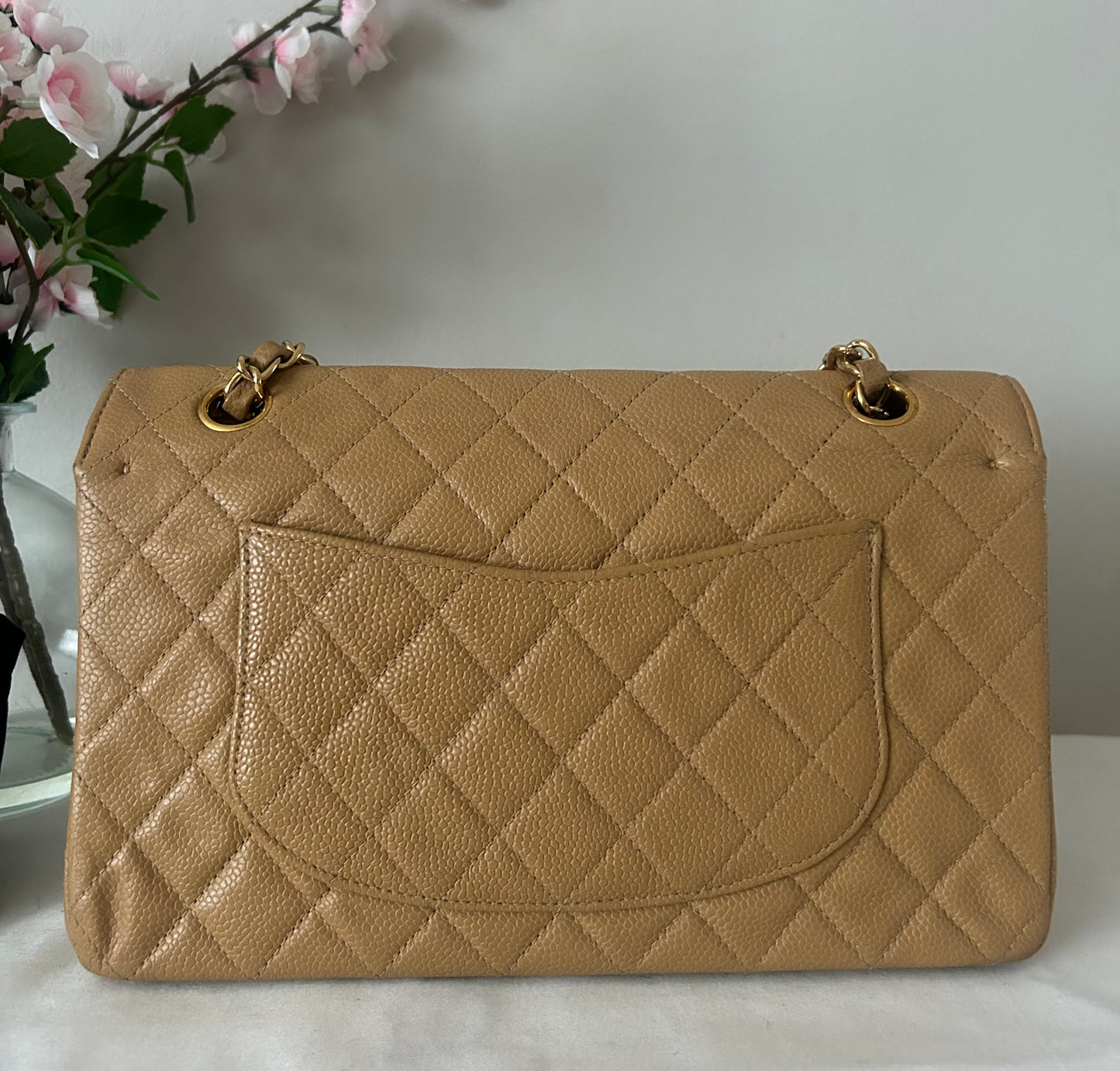 CHANEL Medium Classic Double Flap Caviar Quilted Handbag Beige/24k Gold