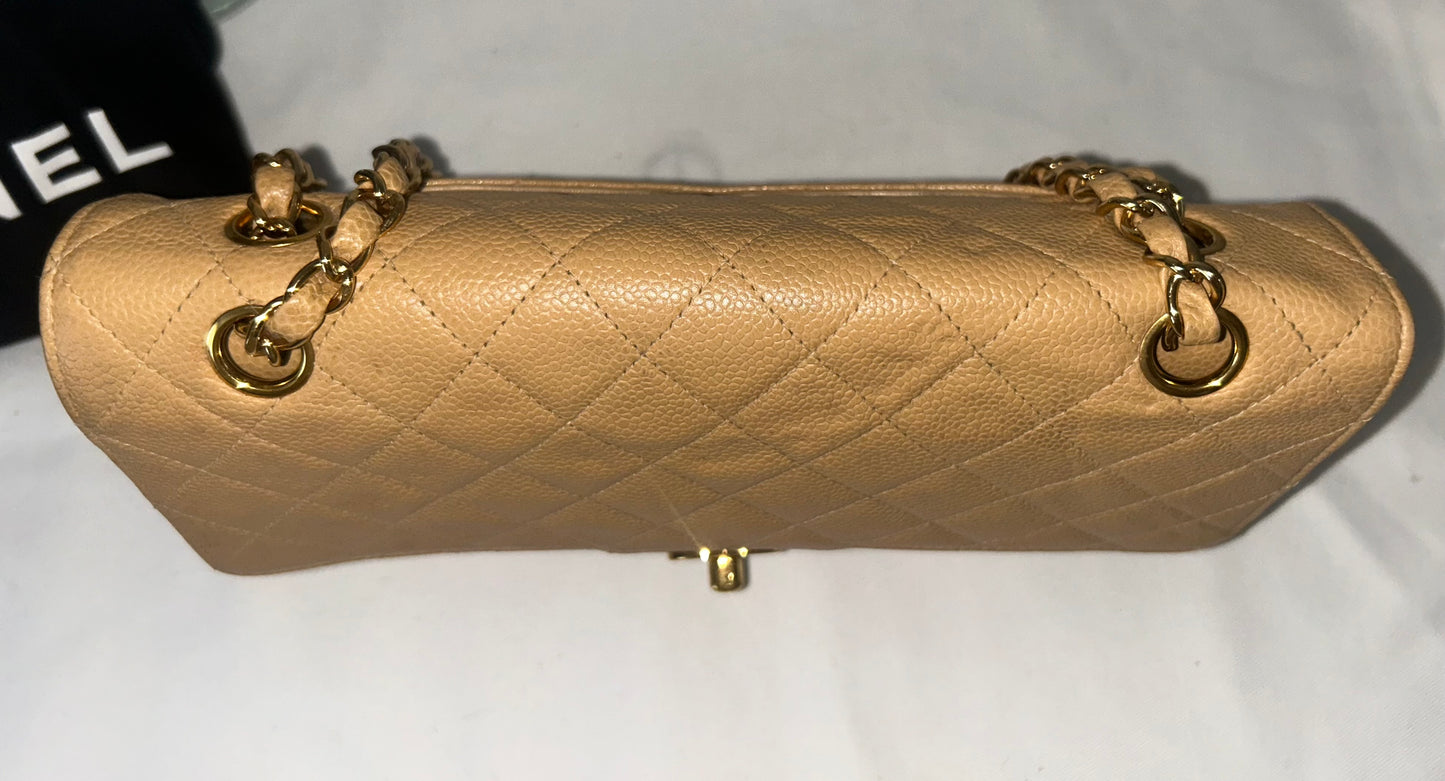 CHANEL Medium Classic Double Flap Caviar Quilted Handbag Beige/24k Gold