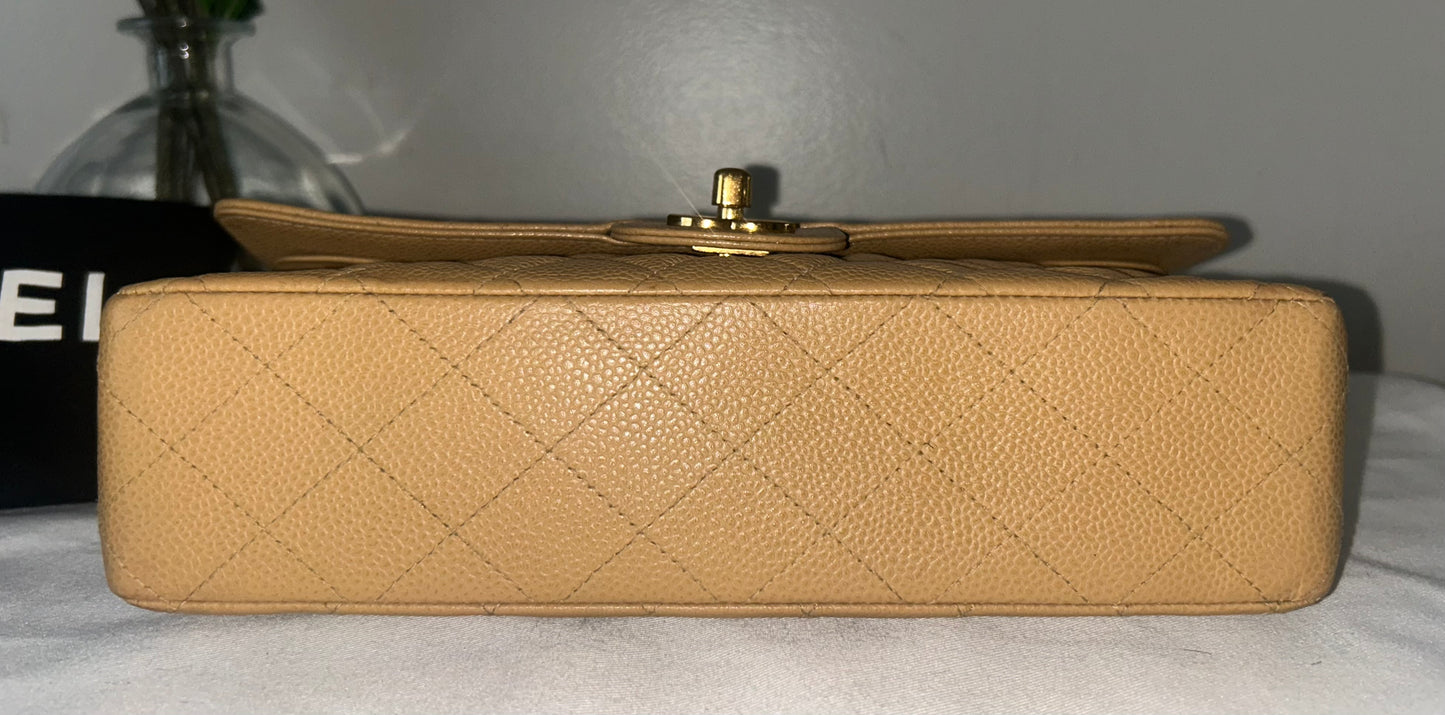 CHANEL Medium Classic Double Flap Caviar Quilted Handbag Beige/24k Gold
