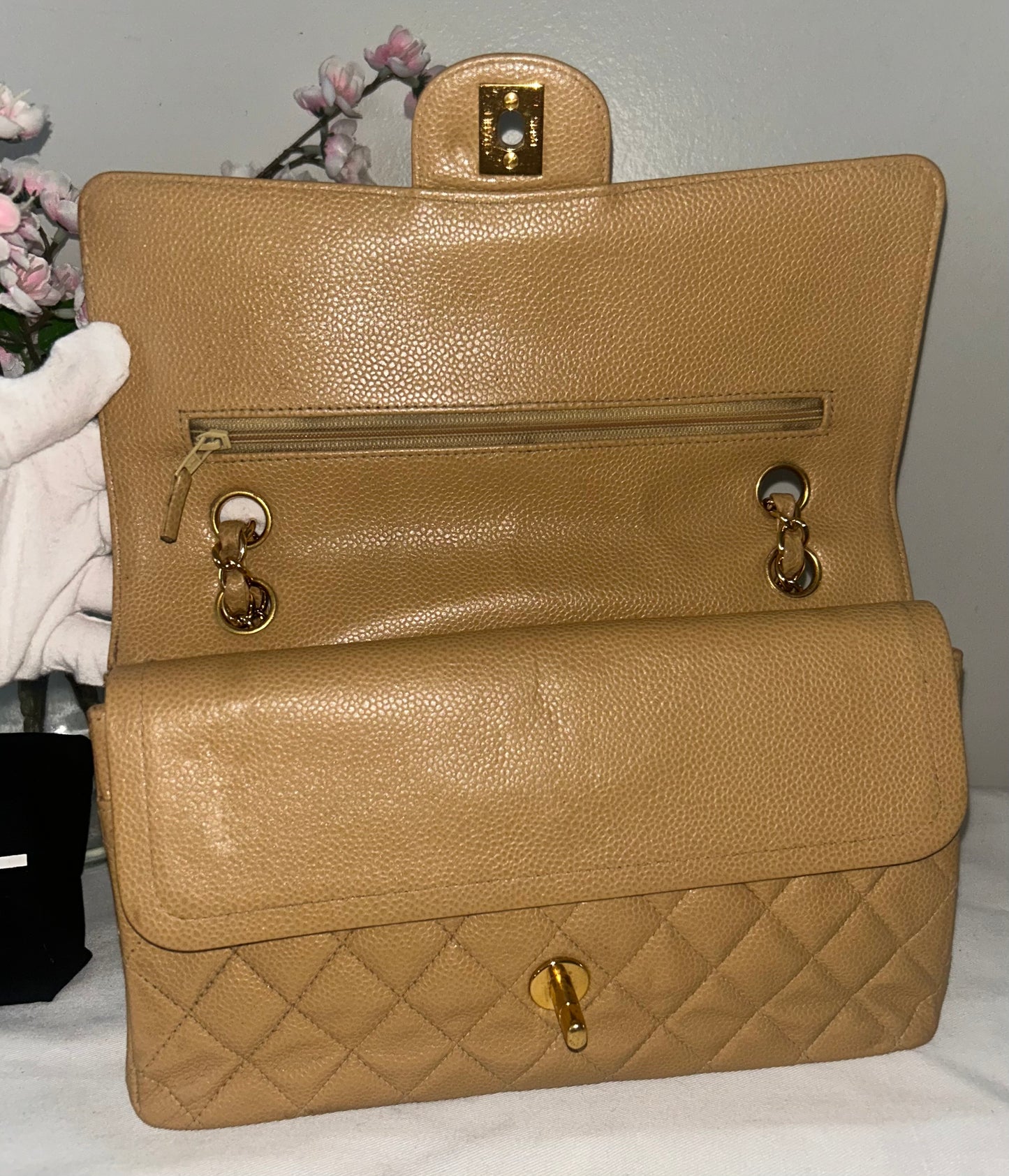 CHANEL Medium Classic Double Flap Caviar Quilted Handbag Beige/24k Gold