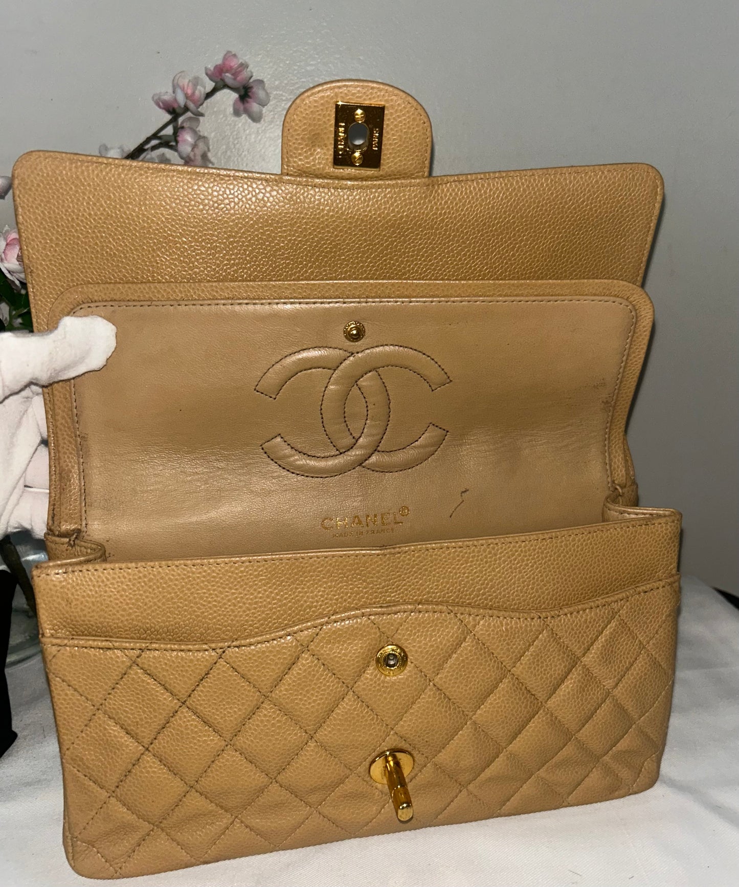 CHANEL Medium Classic Double Flap Caviar Quilted Handbag Beige/24k Gold