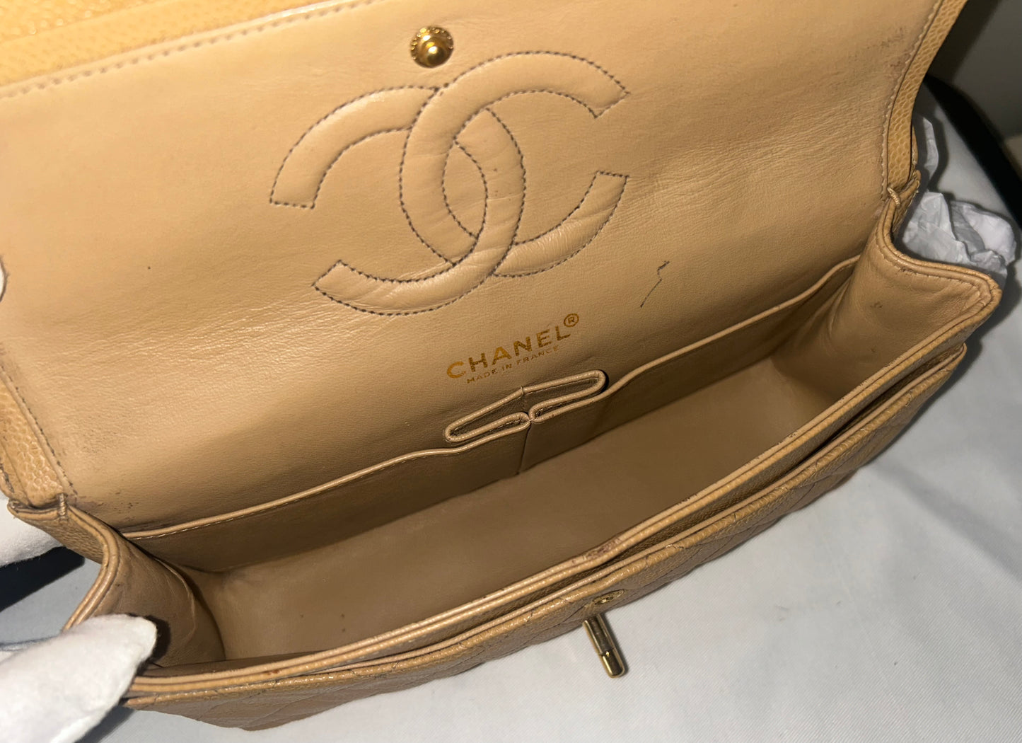 CHANEL Medium Classic Double Flap Caviar Quilted Handbag Beige/24k Gold
