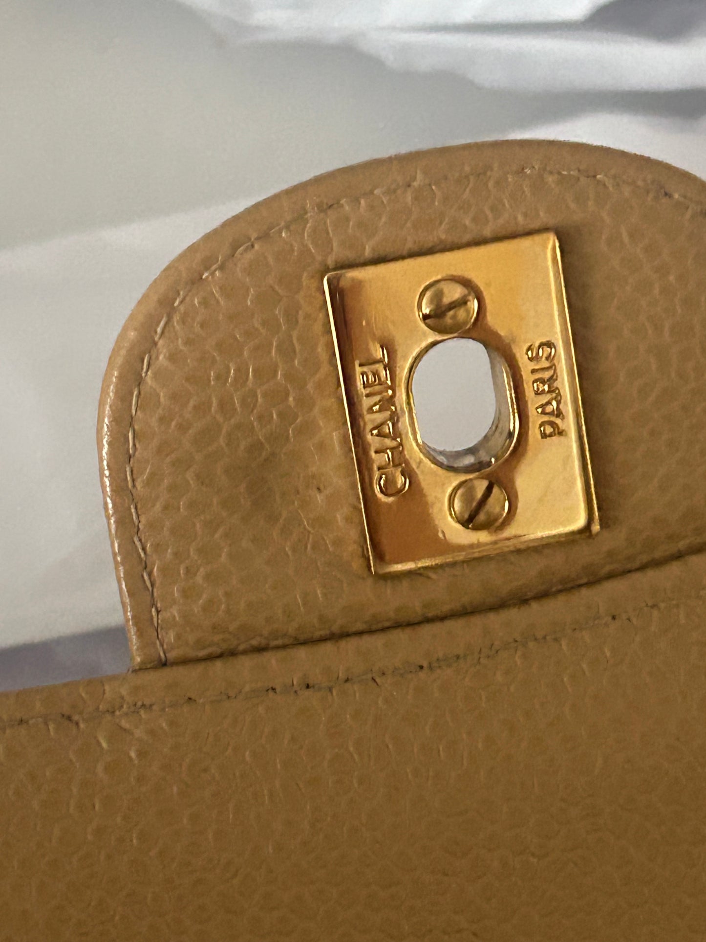 CHANEL Medium Classic Double Flap Caviar Quilted Handbag Beige/24k Gold