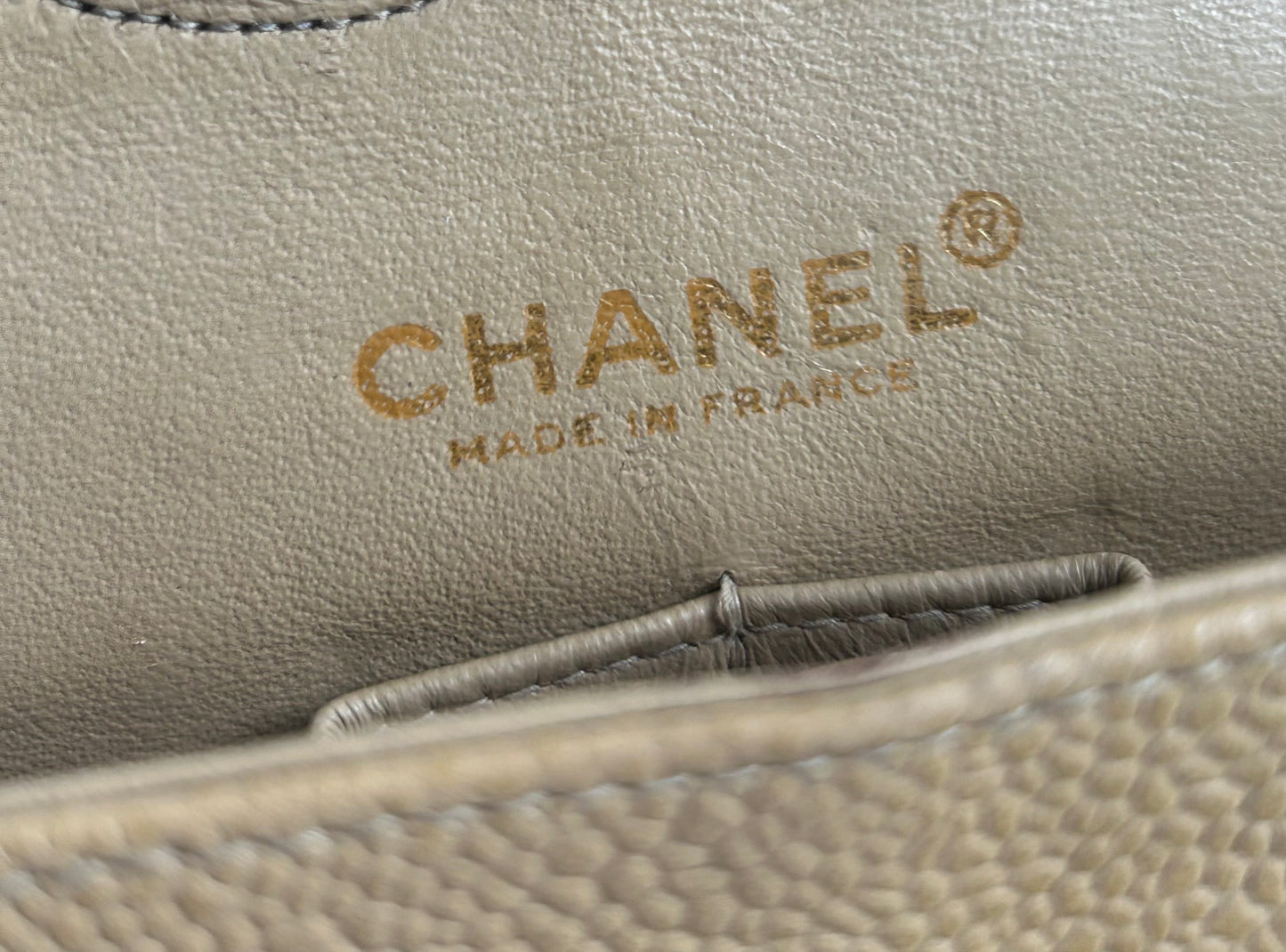 CHANEL Medium Classic Double Flap Caviar Quilted Handbag Beige/24k Gold