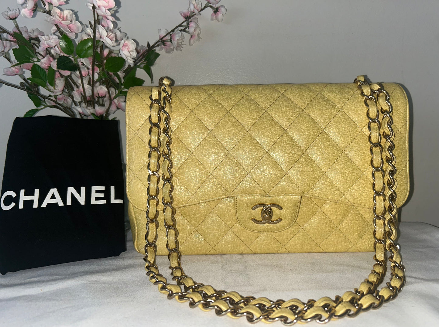 CHANEL 19S Jumbo Double Flap Quilted Caviar Handbag Iridescent Yellow
