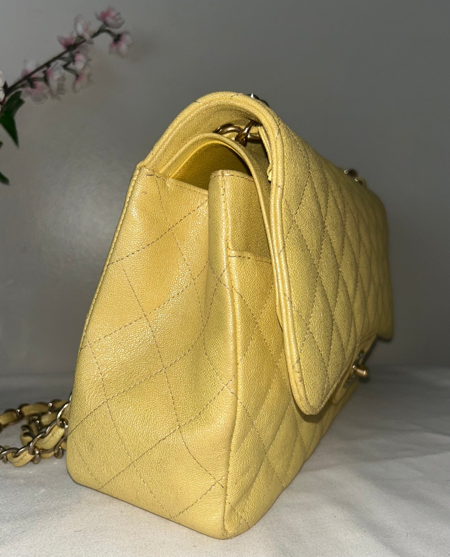 CHANEL 19S Jumbo Double Flap Quilted Caviar Handbag Iridescent Yellow