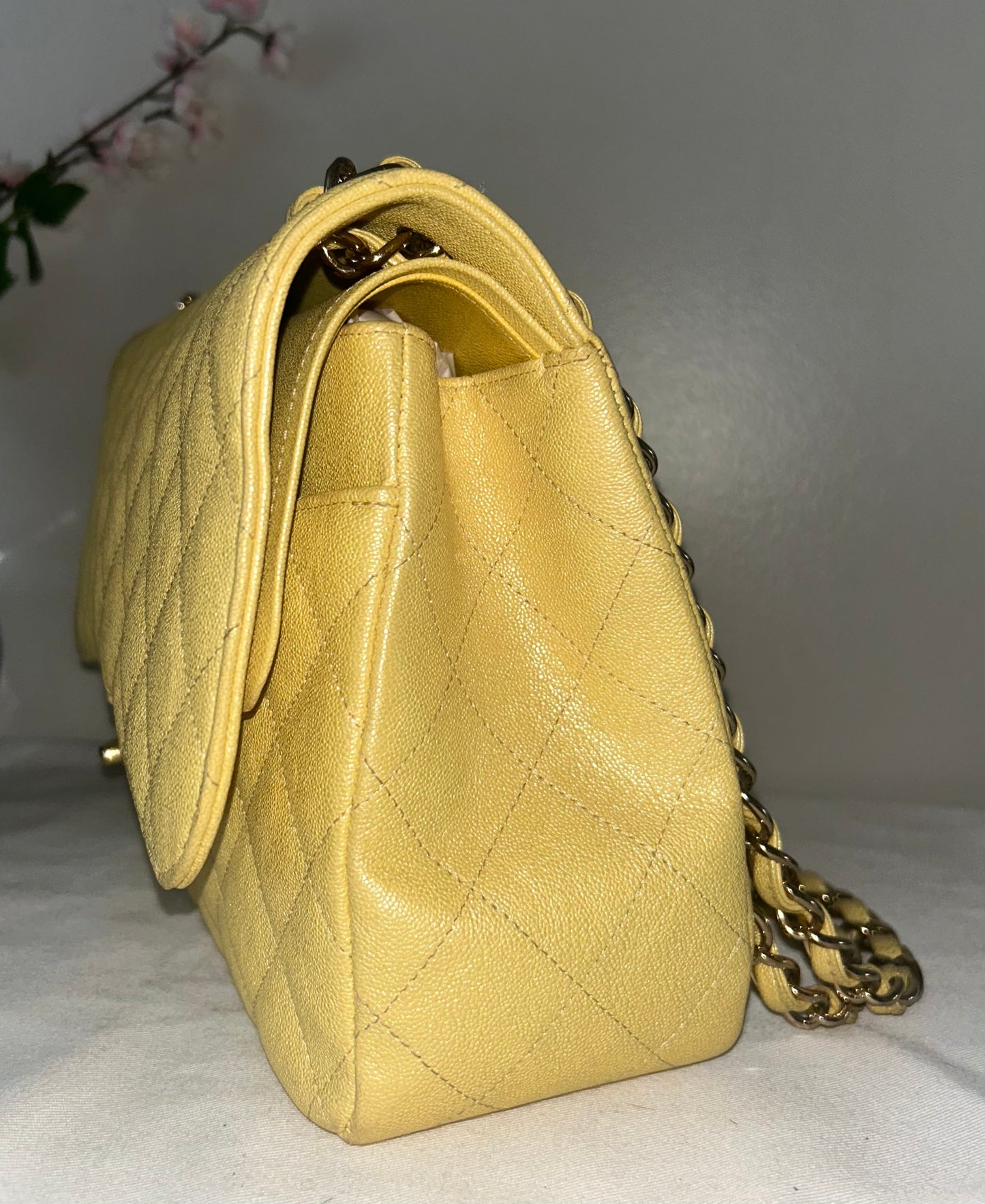 CHANEL 19S Jumbo Double Flap Quilted Caviar Handbag Iridescent Yellow