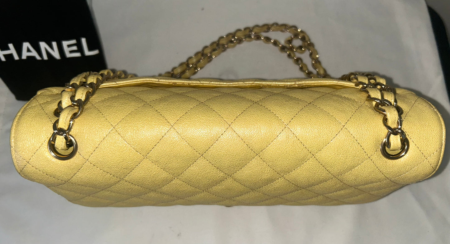 CHANEL 19S Jumbo Double Flap Quilted Caviar Handbag Iridescent Yellow