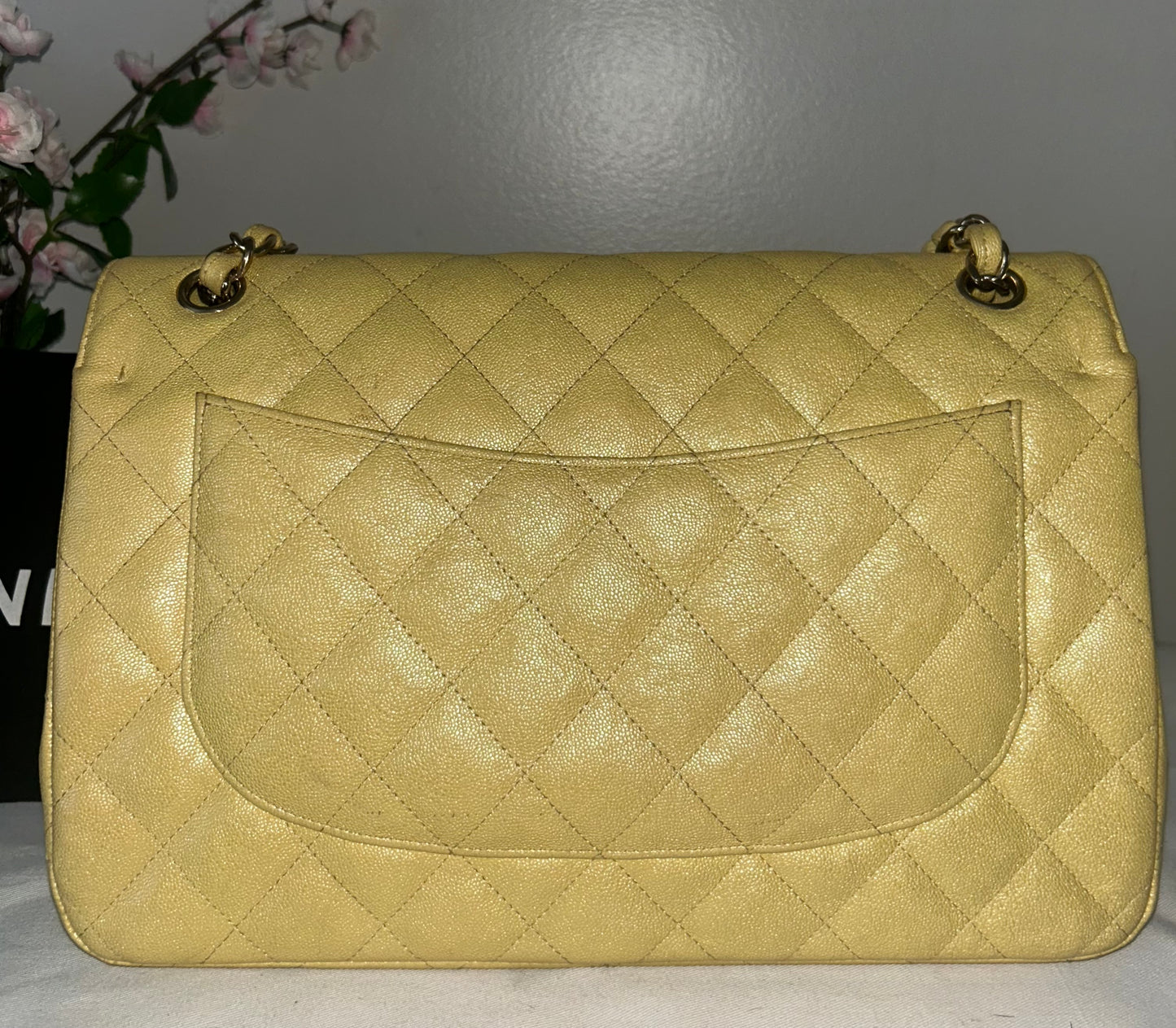 CHANEL 19S Jumbo Double Flap Quilted Caviar Handbag Iridescent Yellow