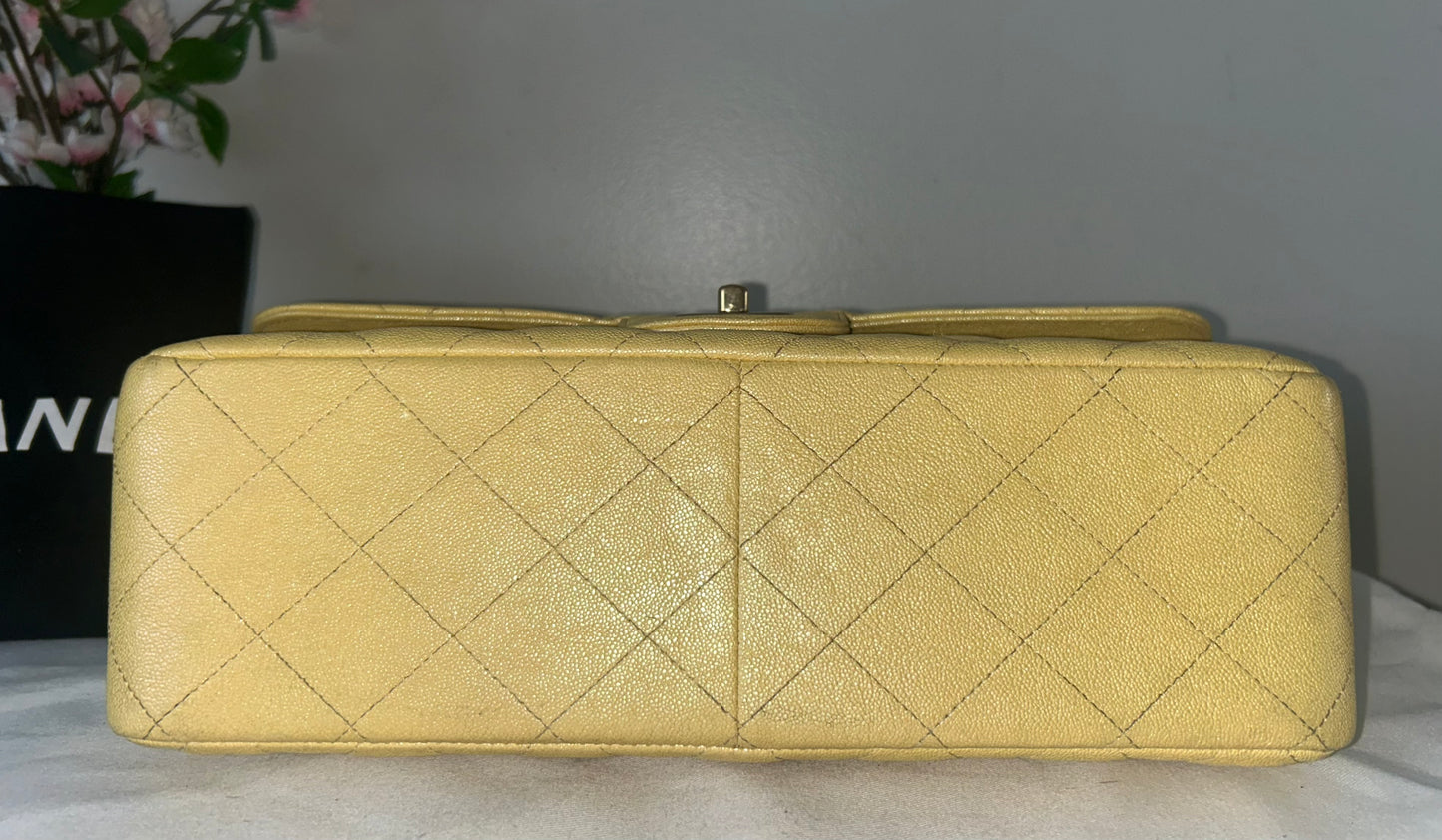 CHANEL 19S Jumbo Double Flap Quilted Caviar Handbag Iridescent Yellow