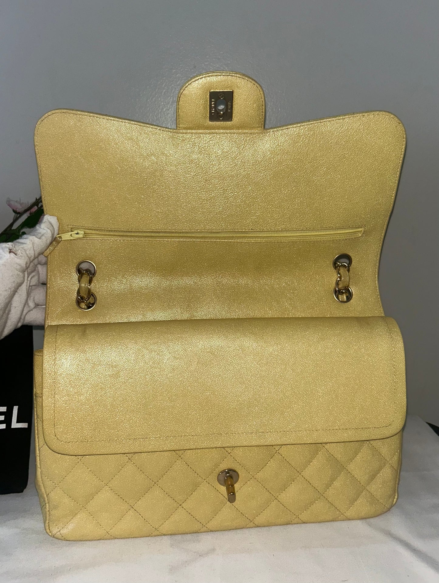 CHANEL 19S Jumbo Double Flap Quilted Caviar Handbag Iridescent Yellow