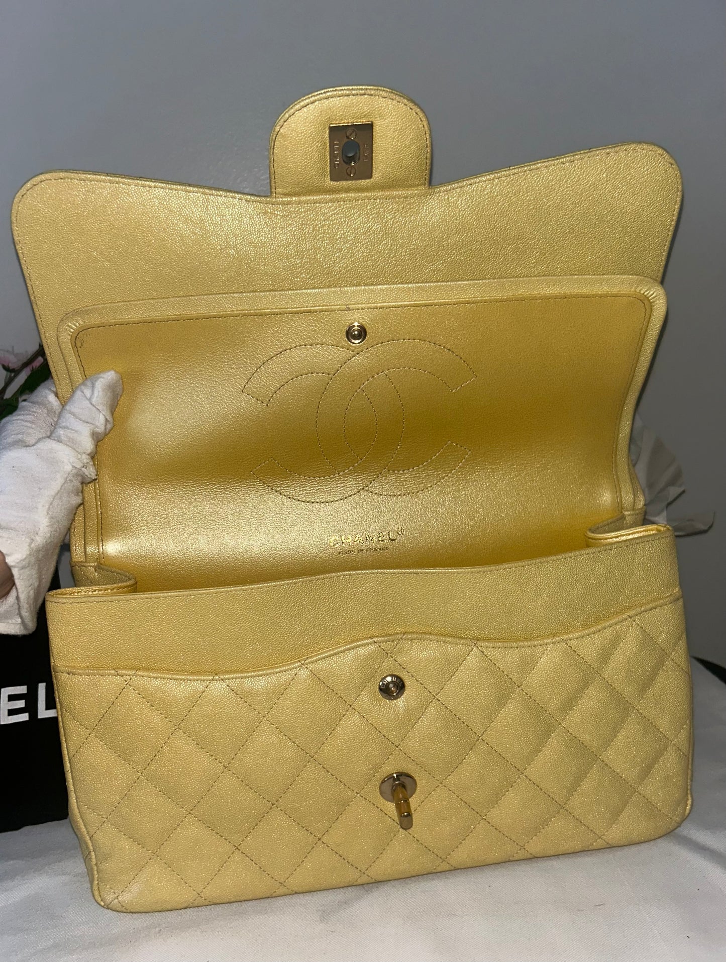 CHANEL 19S Jumbo Double Flap Quilted Caviar Handbag Iridescent Yellow