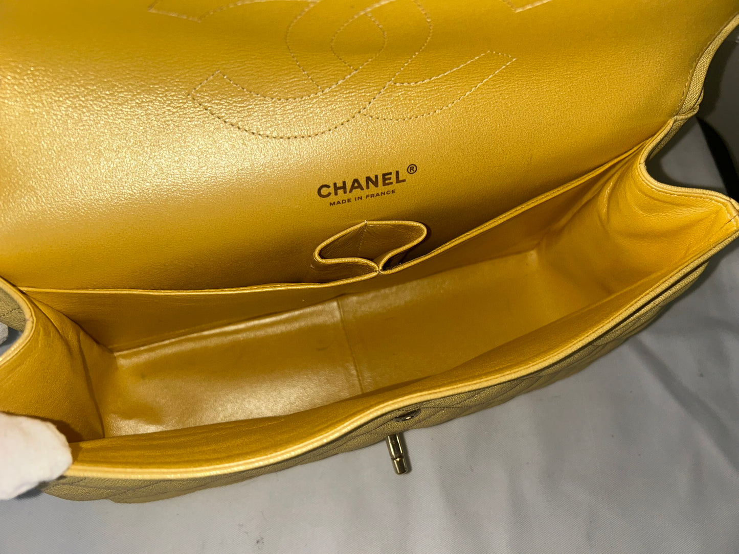 CHANEL 19S Jumbo Double Flap Quilted Caviar Handbag Iridescent Yellow