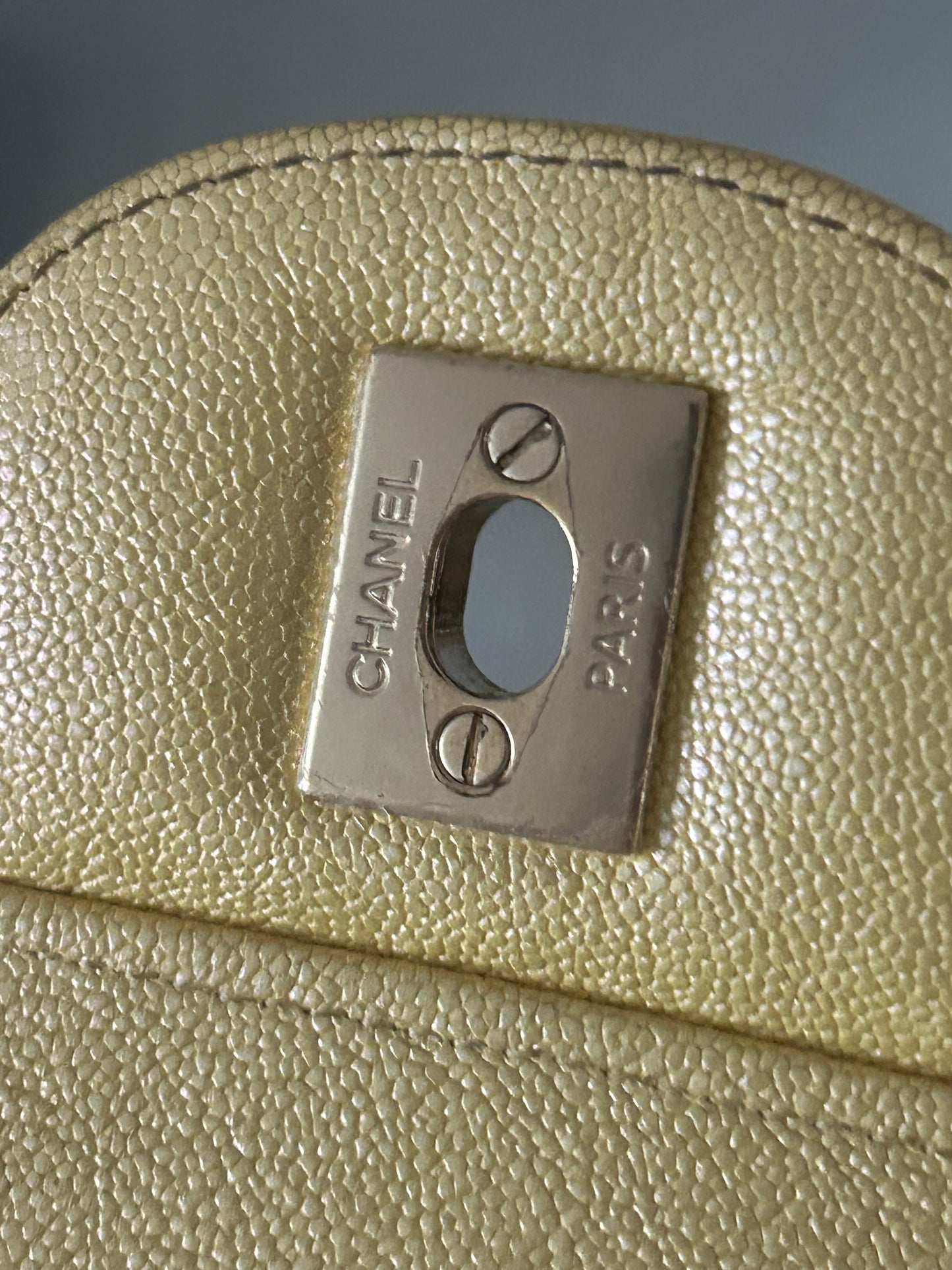 CHANEL 19S Jumbo Double Flap Quilted Caviar Handbag Iridescent Yellow