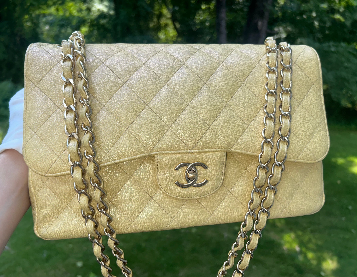 CHANEL 19S Jumbo Double Flap Quilted Caviar Handbag Iridescent Yellow