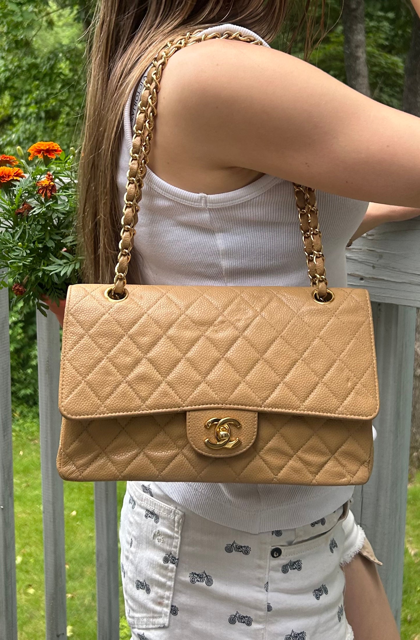 CHANEL Medium Classic Double Flap Caviar Quilted Handbag Beige/24k Gold