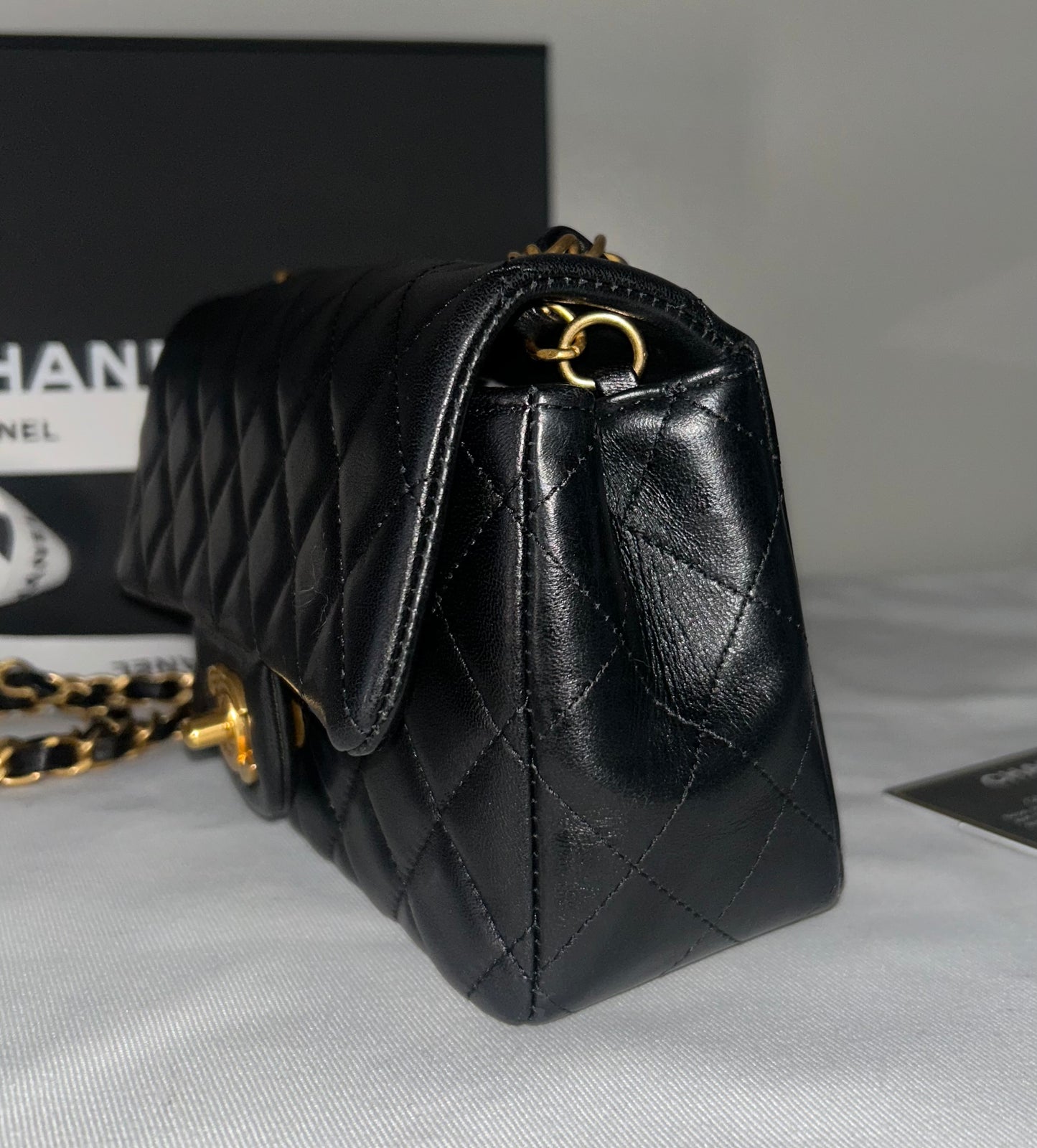 CHANEL Classic Mini Rectangular Flap Bag Quilted Lambskin Black / Gold