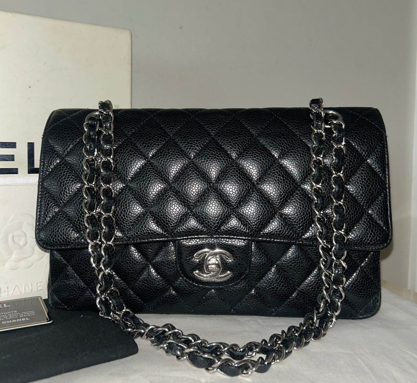 CHANEL Classic Medium Double Flap Quilted Caviar Leather Handbag Black
