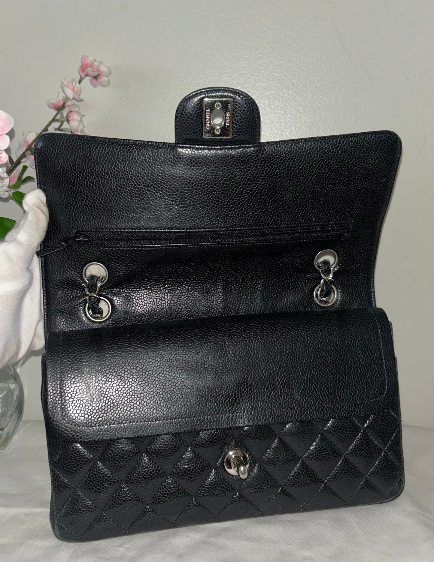 CHANEL Classic Medium Double Flap Quilted Caviar Leather Handbag Black