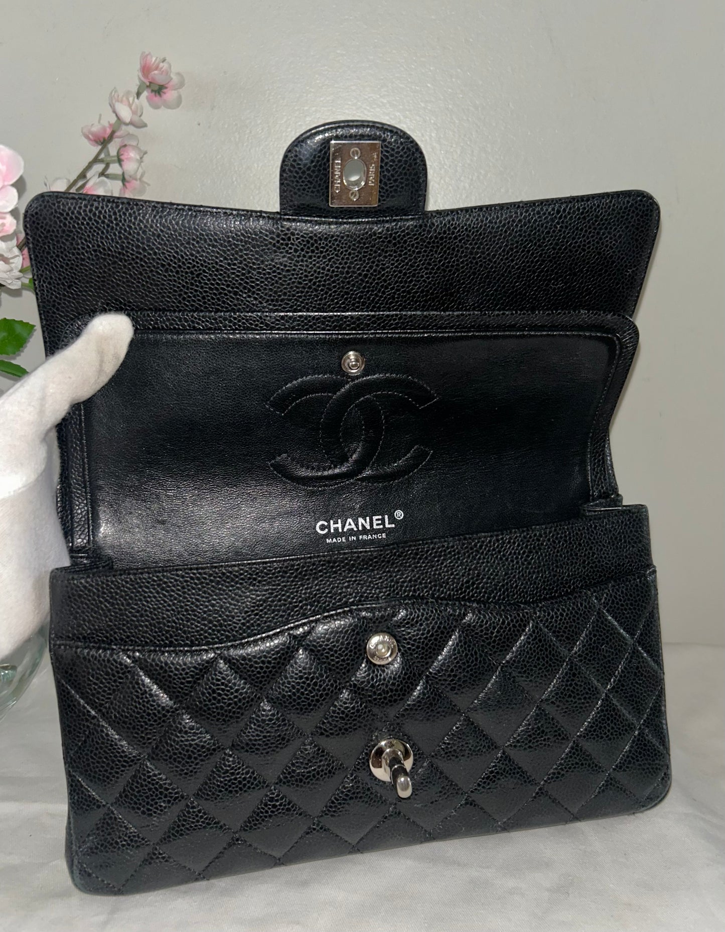 CHANEL Classic Medium Double Flap Quilted Caviar Leather Handbag Black