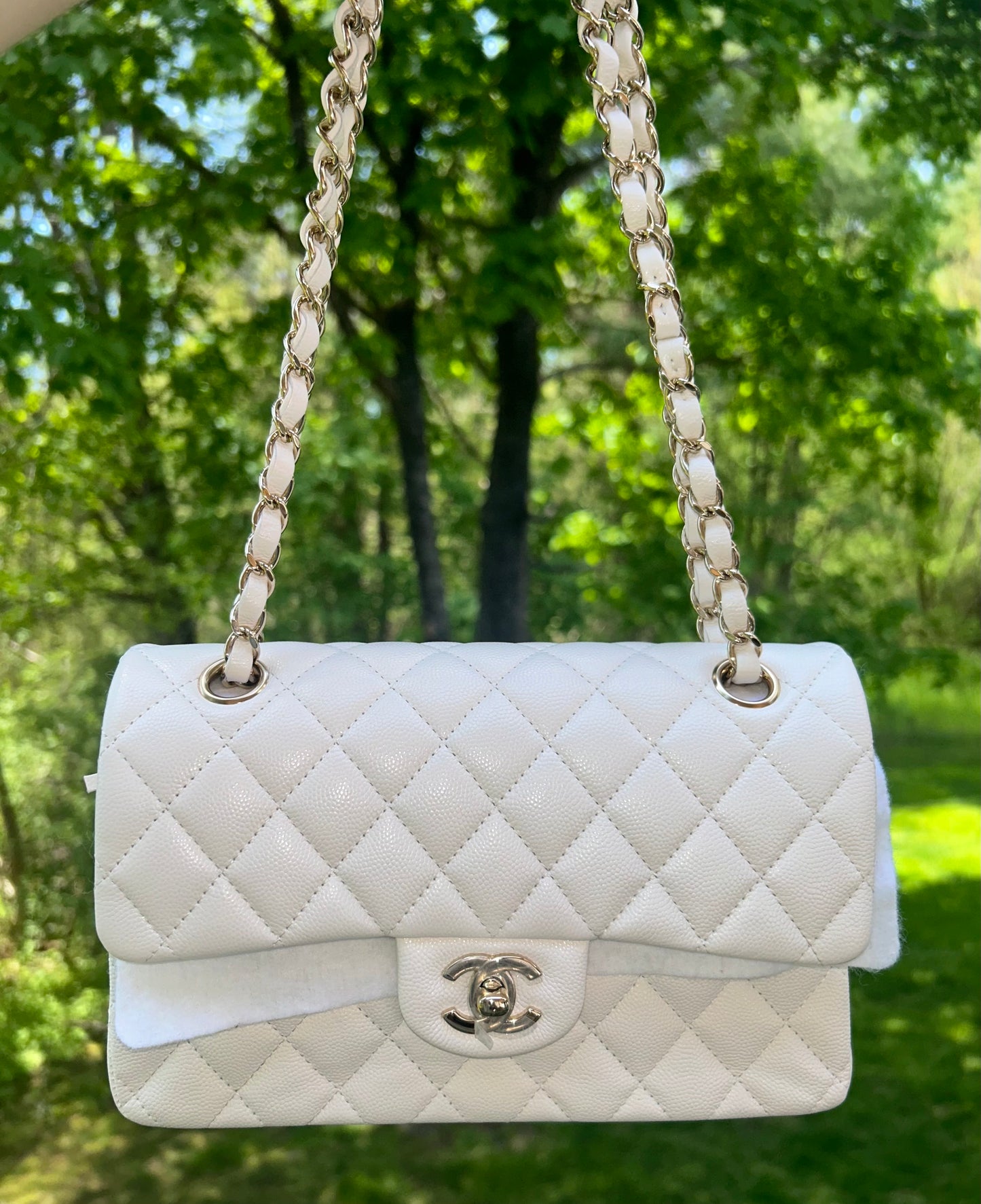 CHANEL Small Classic Double Flap Caviar Handbag White / Light Gold