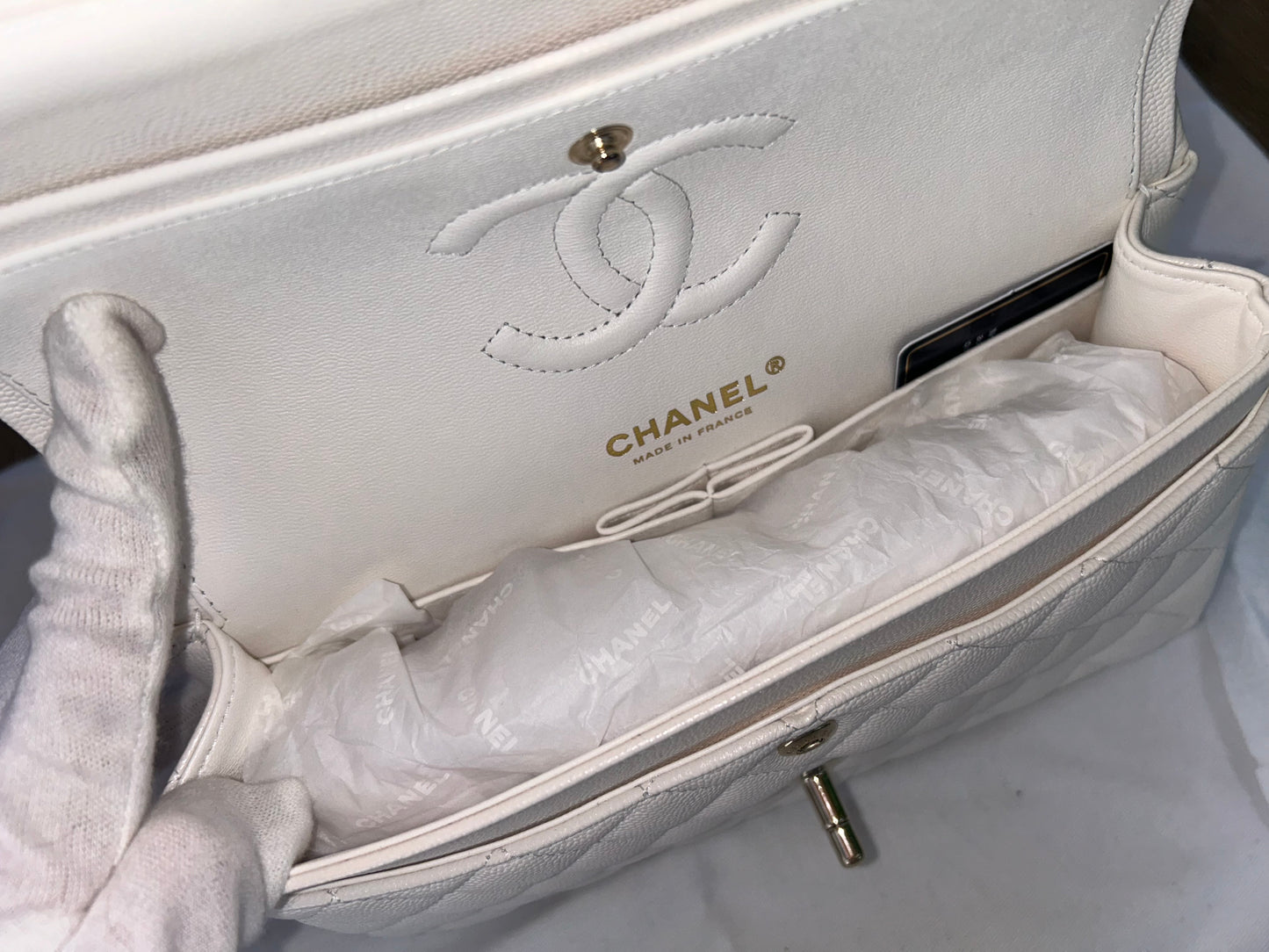 CHANEL Small Classic Double Flap Caviar Handbag White / Light Gold