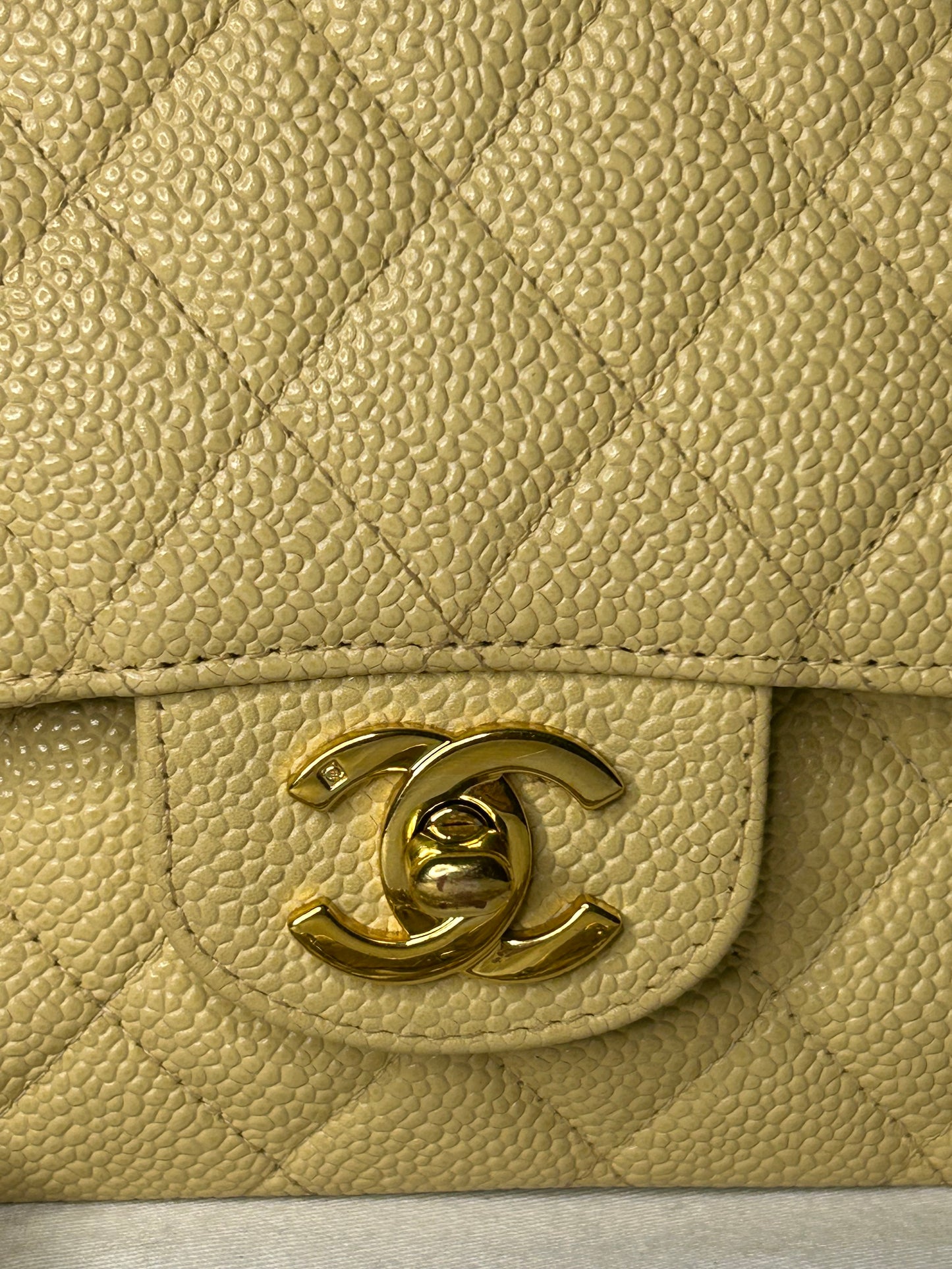 CHANEL Medium Classic Double Flap Caviar Quilted Handbag Beige Clair / 24k Gold