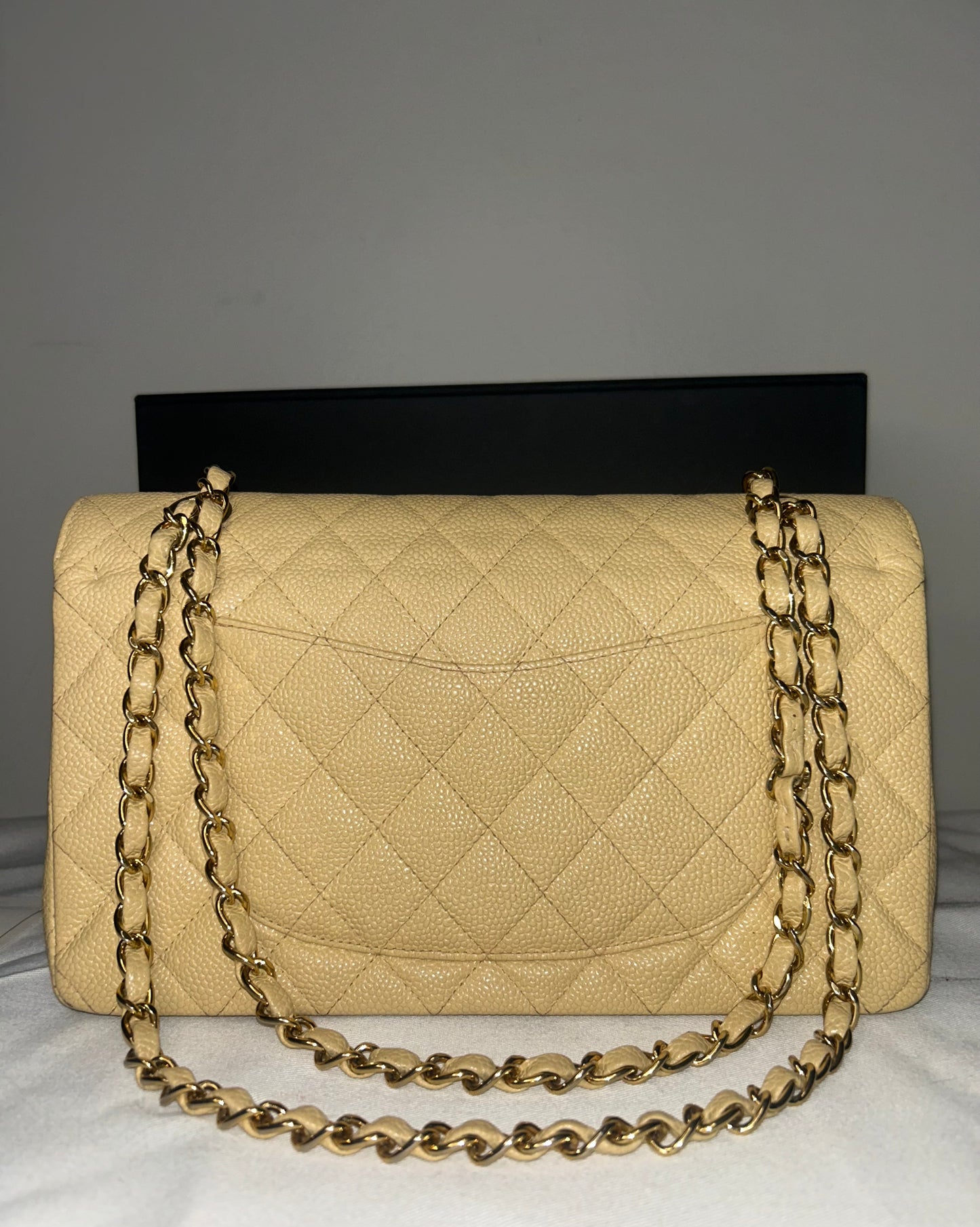 CHANEL Medium Classic Double Flap Caviar Quilted Handbag Beige Clair / 24k Gold