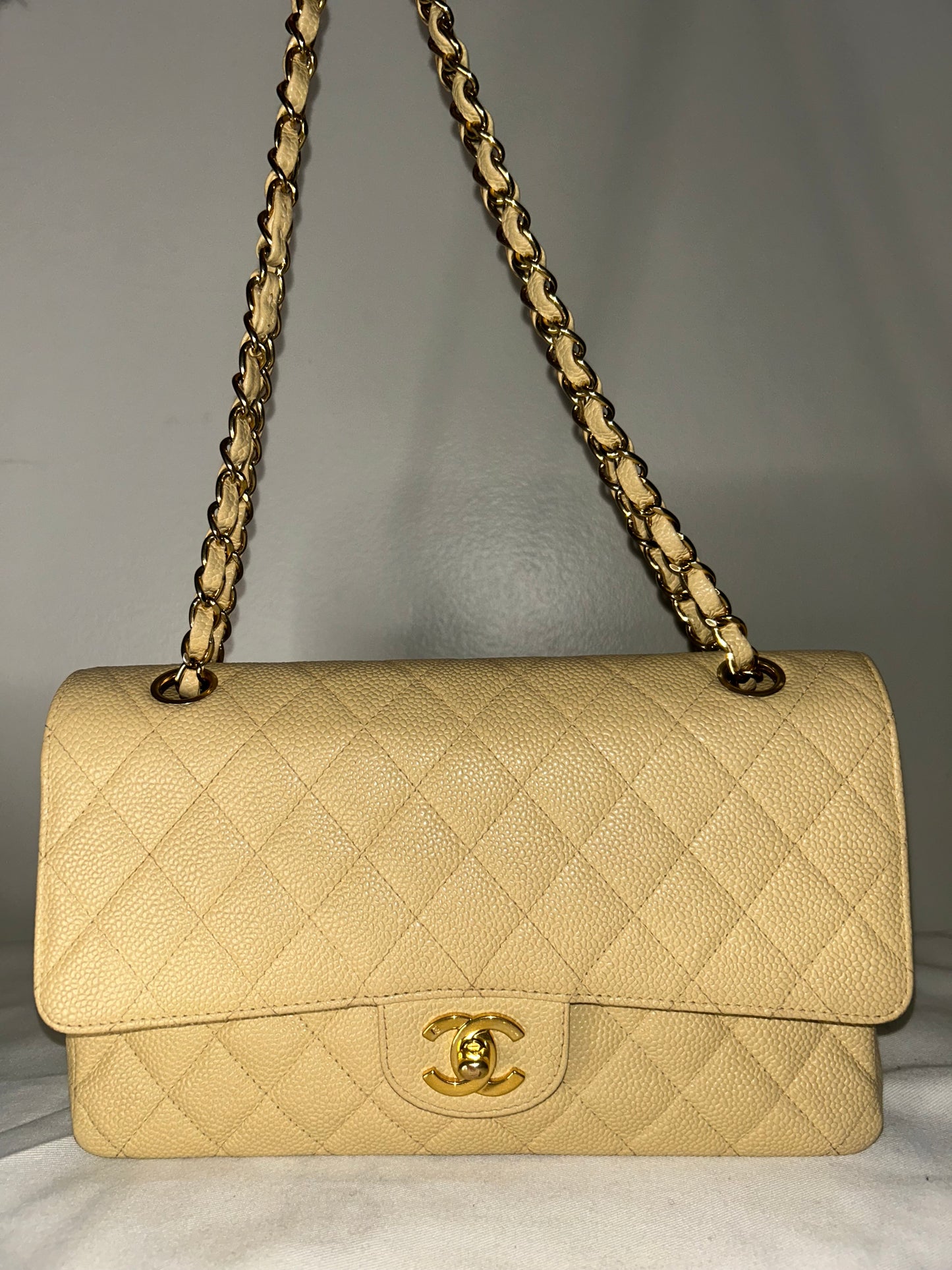 CHANEL Medium Classic Double Flap Caviar Quilted Handbag Beige Clair / 24k Gold
