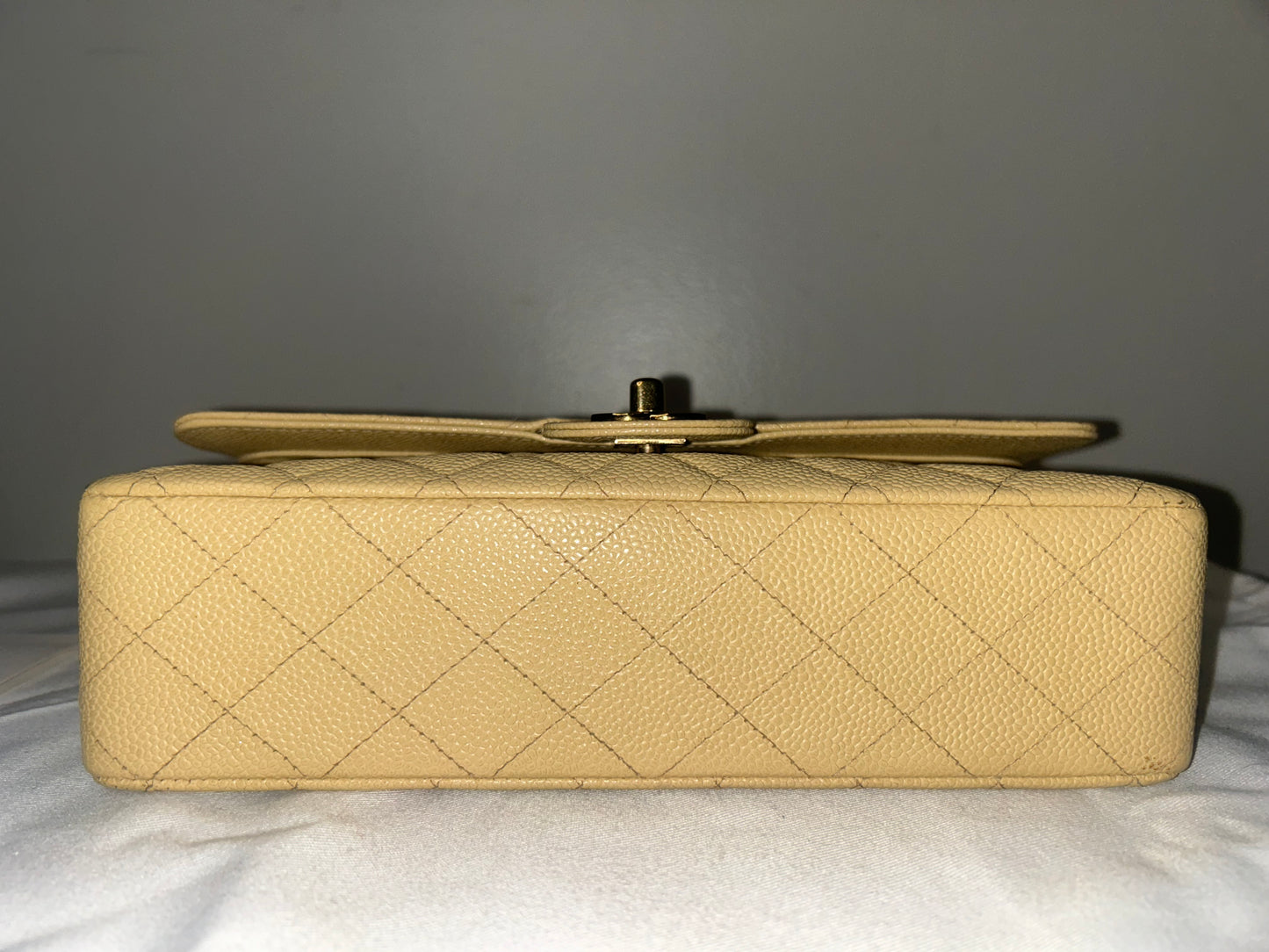 CHANEL Medium Classic Double Flap Caviar Quilted Handbag Beige Clair / 24k Gold