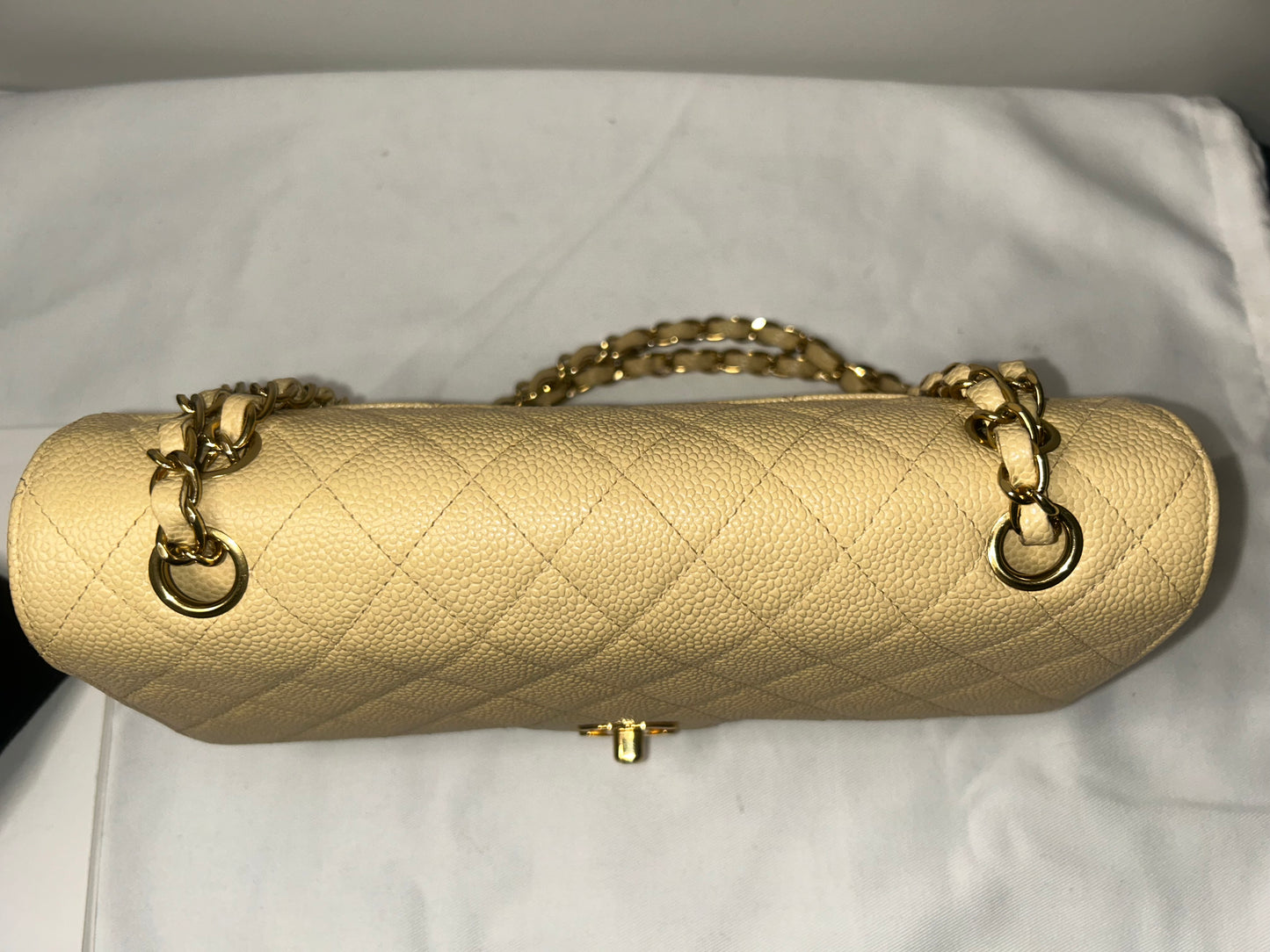 CHANEL Medium Classic Double Flap Caviar Quilted Handbag Beige Clair / 24k Gold