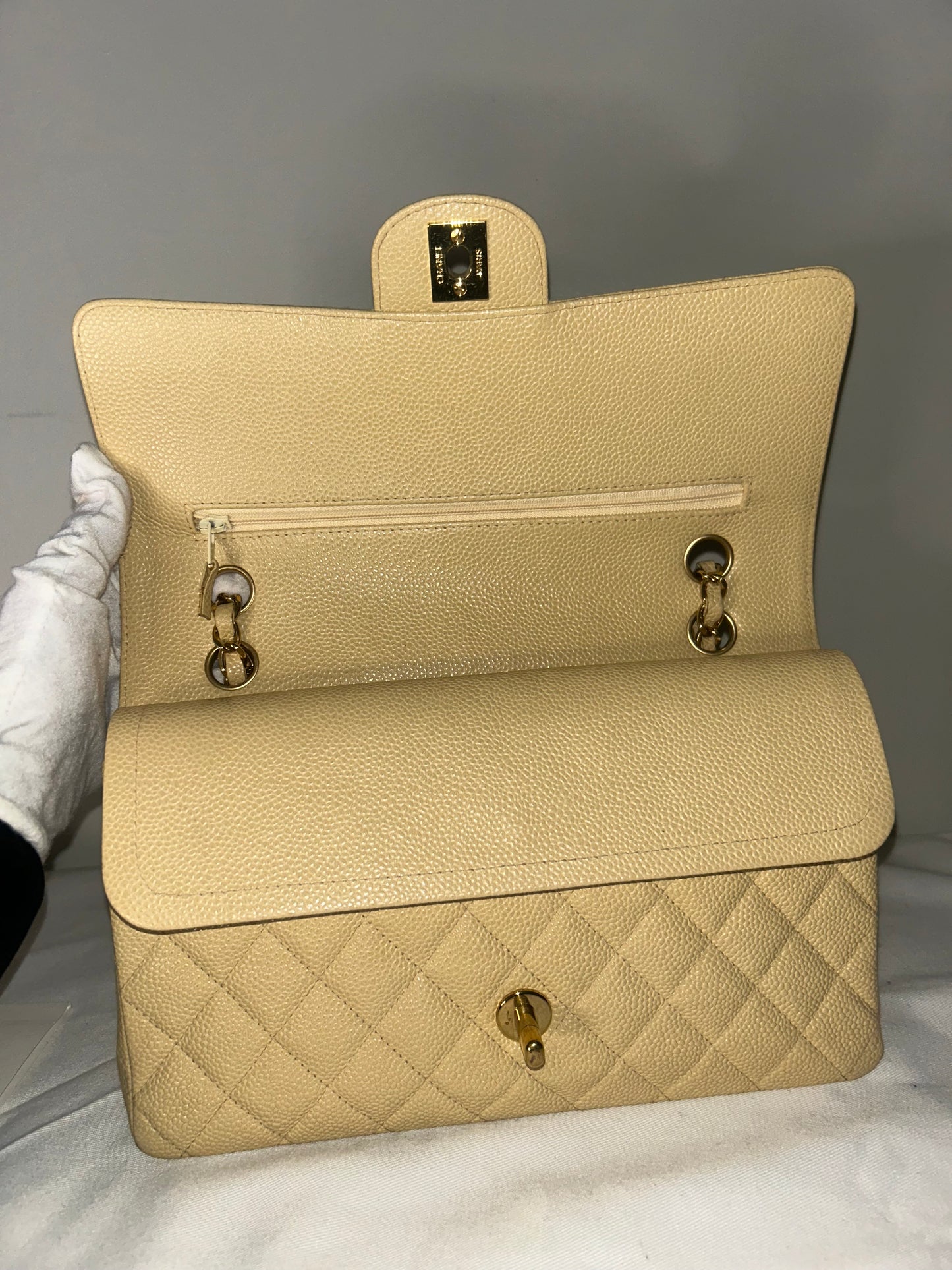 CHANEL Medium Classic Double Flap Caviar Quilted Handbag Beige Clair / 24k Gold