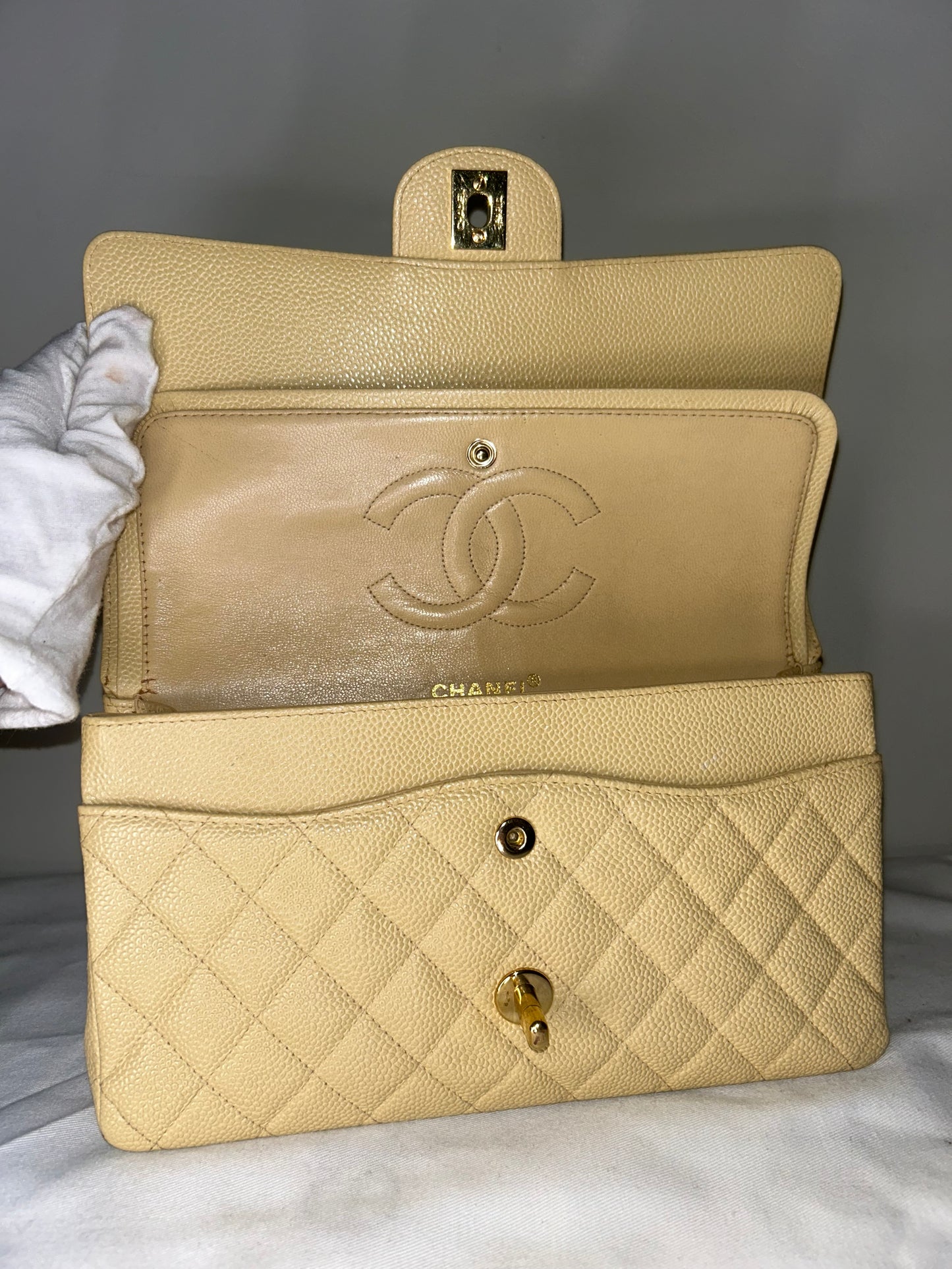 CHANEL Medium Classic Double Flap Caviar Quilted Handbag Beige Clair / 24k Gold