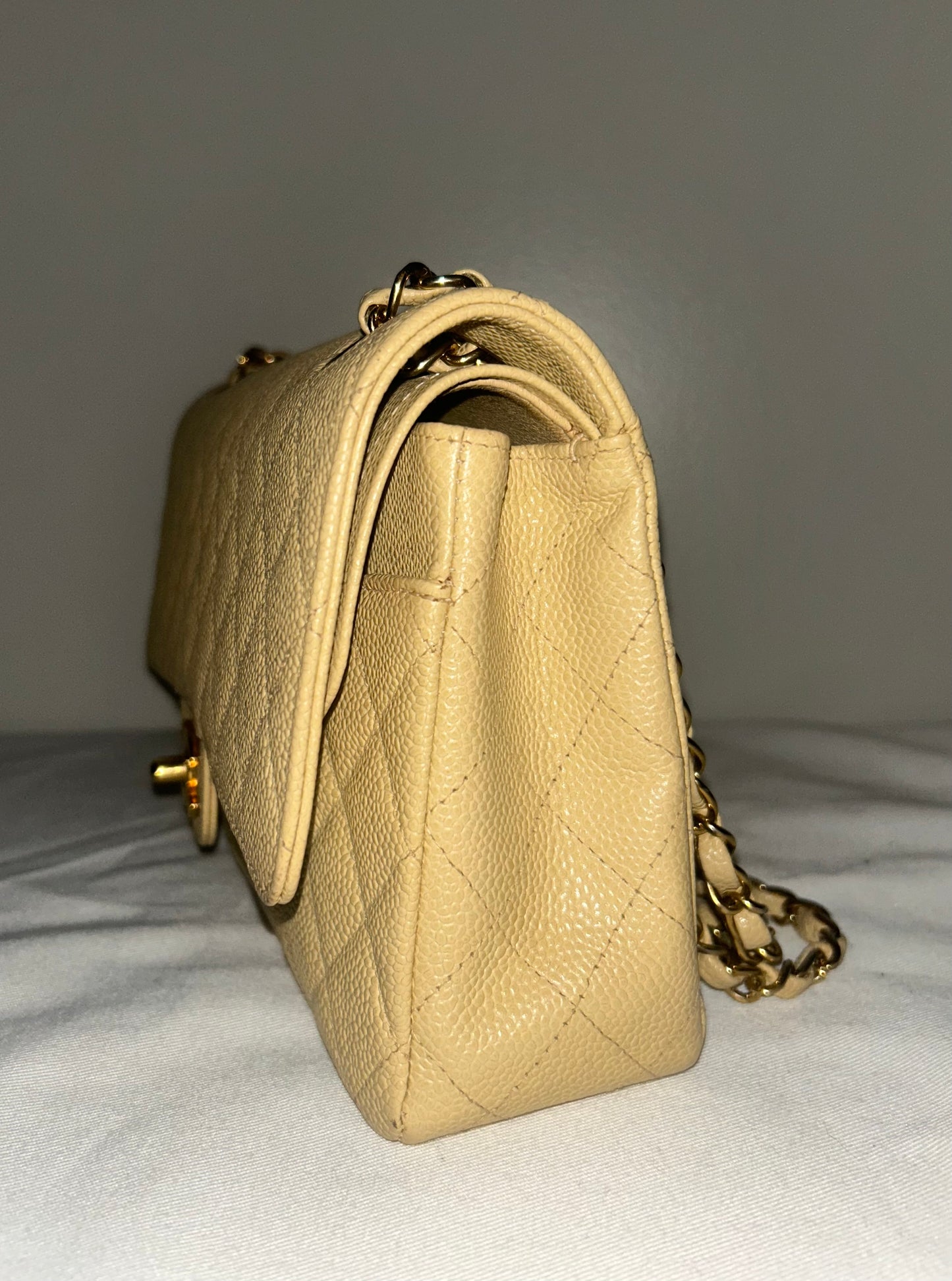 CHANEL Medium Classic Double Flap Caviar Quilted Handbag Beige Clair / 24k Gold