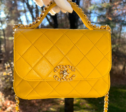 CHANEL 19 Small Chain Infinity Top Handle Bag Quilted Lambskin Leather Yellow