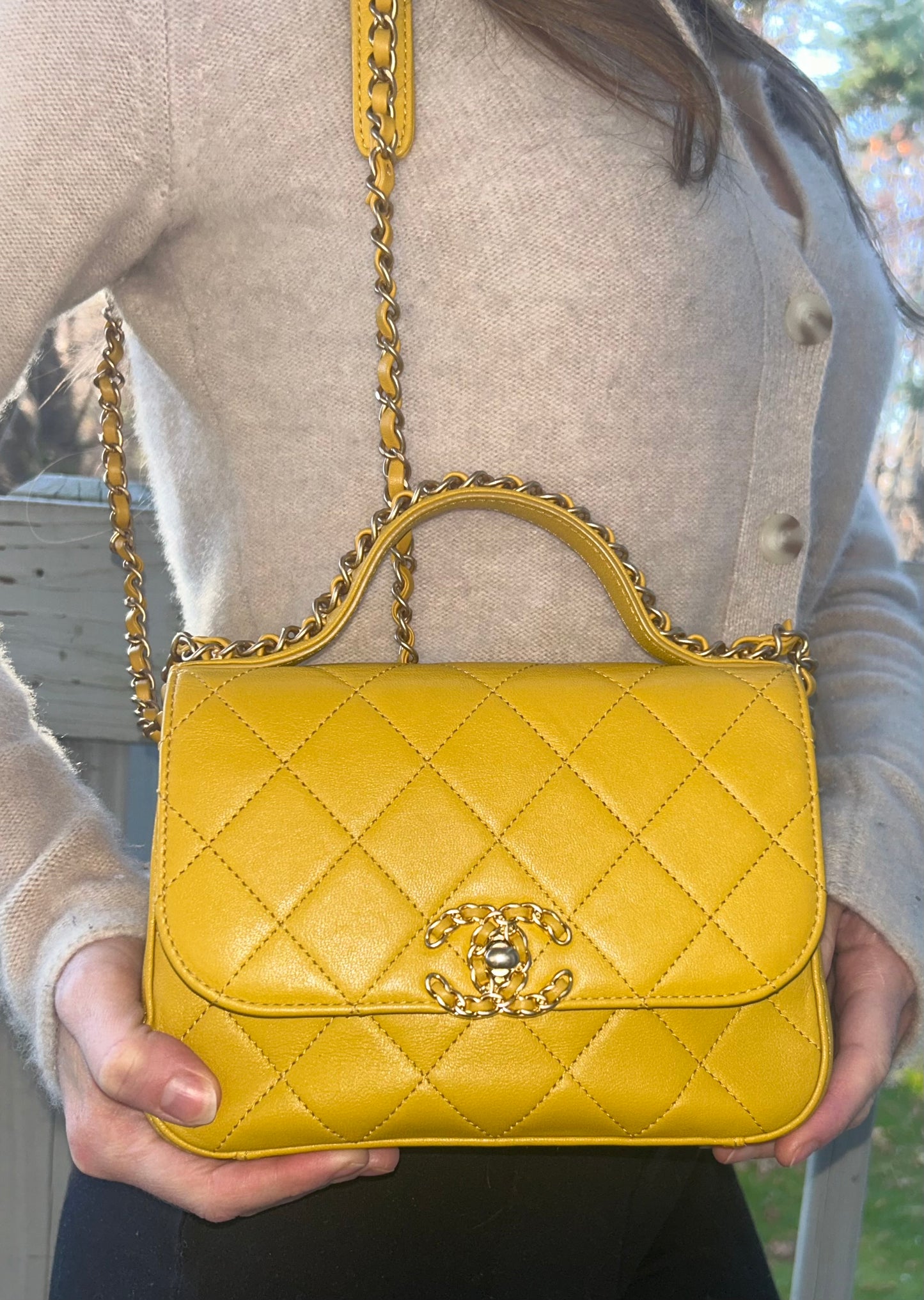 CHANEL 19 Small Chain Infinity Top Handle Bag Quilted Lambskin Leather Yellow