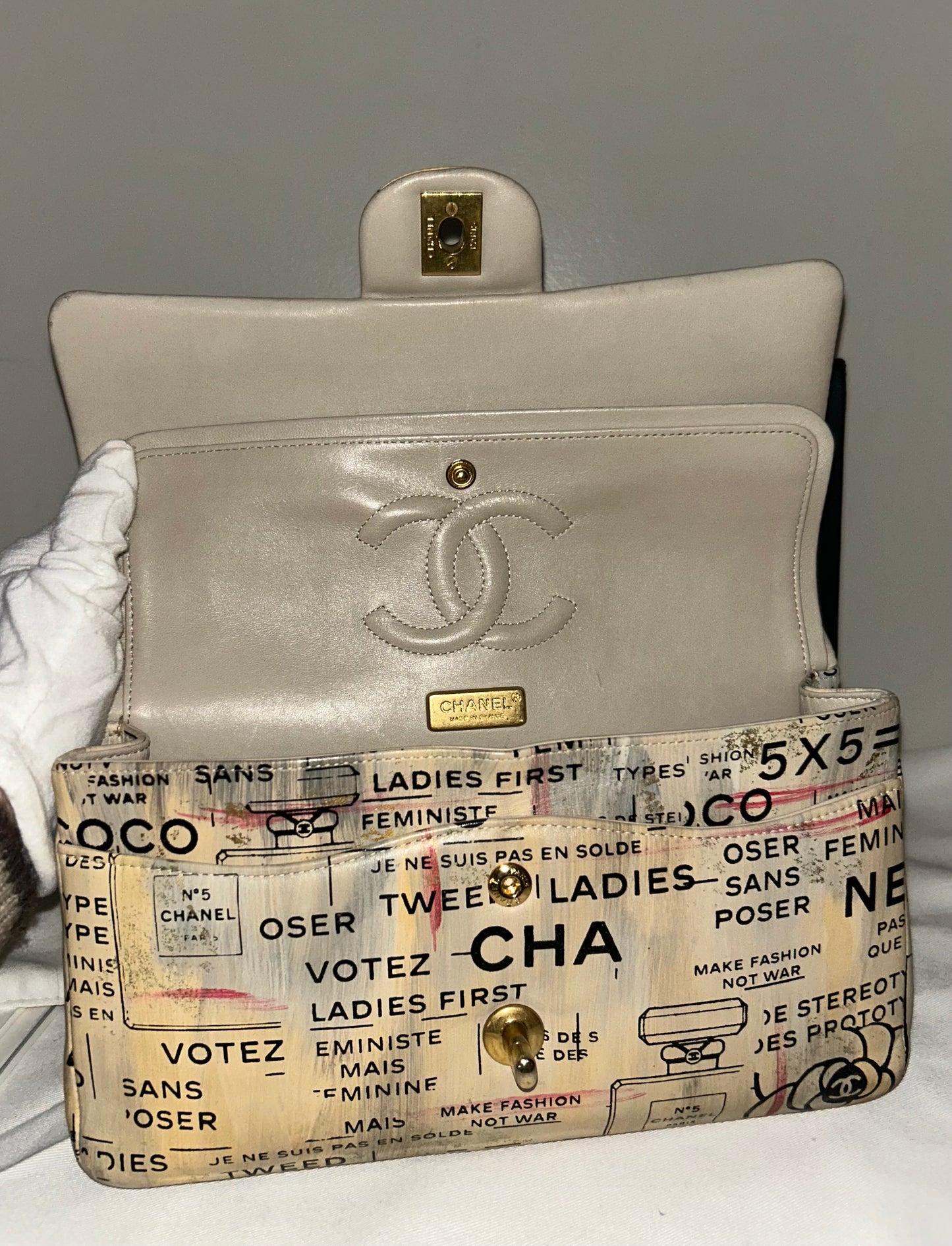CHANEL Graffiti Newsprint Logo Medium Double Flap Lambskin Handbag Beige