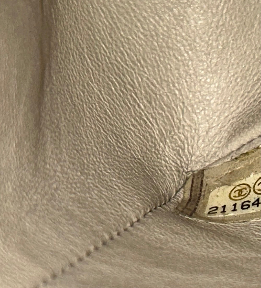 CHANEL Graffiti Newsprint Logo Medium Double Flap Lambskin Handbag Beige