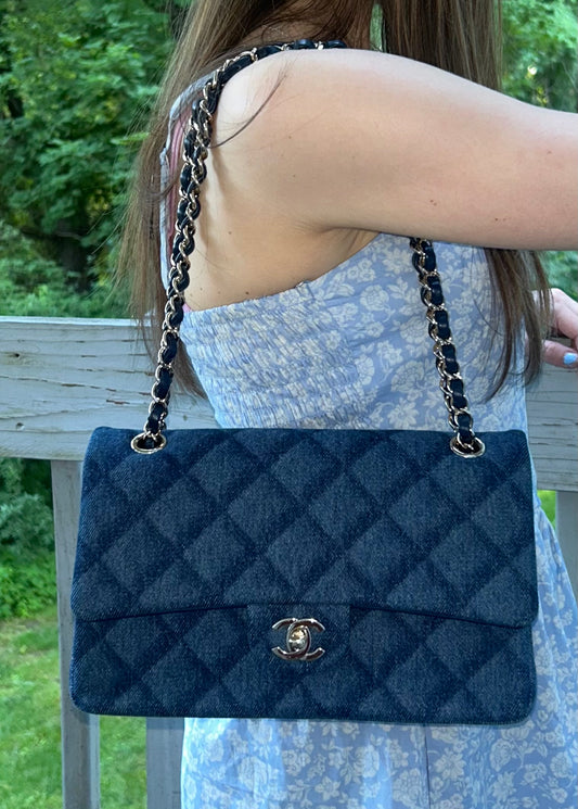 CHANEL 22K Printed Denim Quilted Medium Double Flap Bag Dark Blue/ Gold Hardware