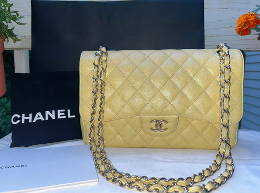 CHANEL 19S Jumbo Double Flap Quilted Caviar Handbag Iridescent Yellow