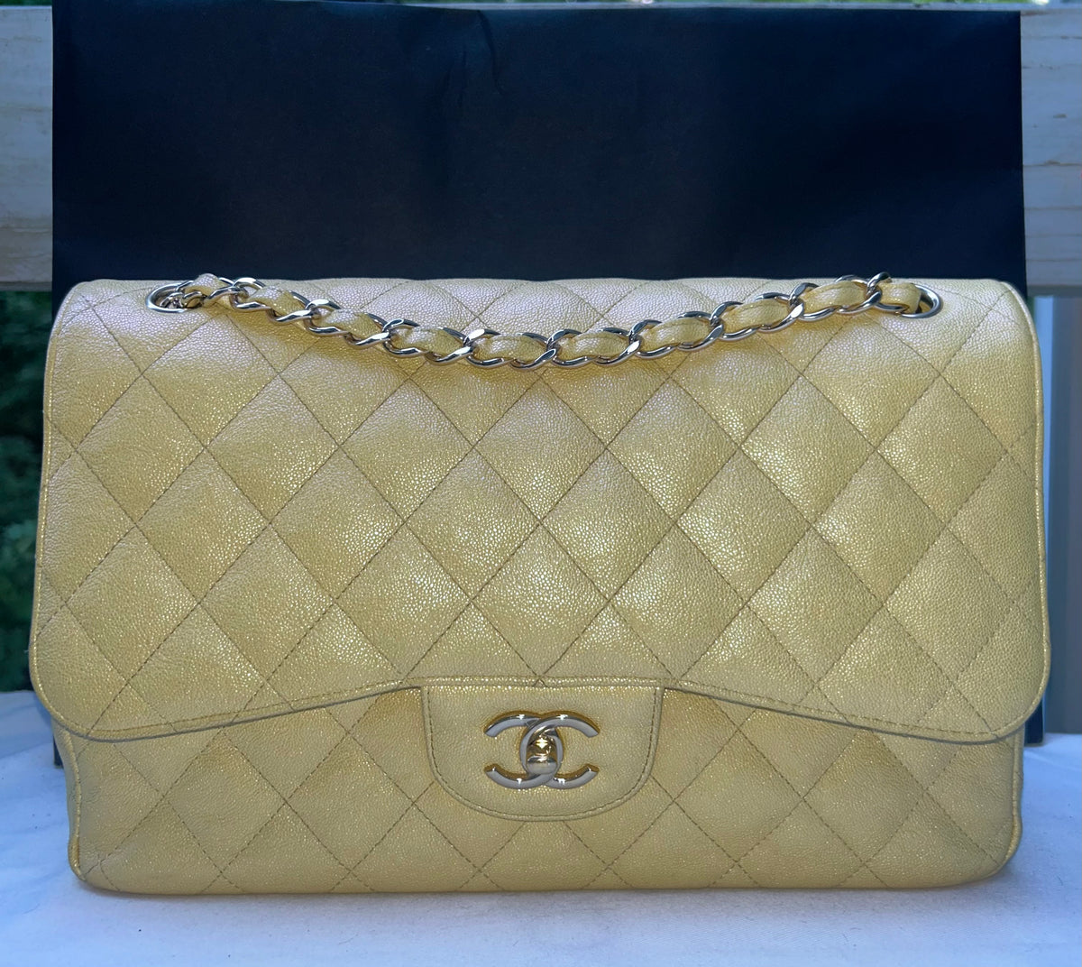 CHANEL 19S Jumbo Double Flap Quilted Caviar Handbag Iridescent Yellow