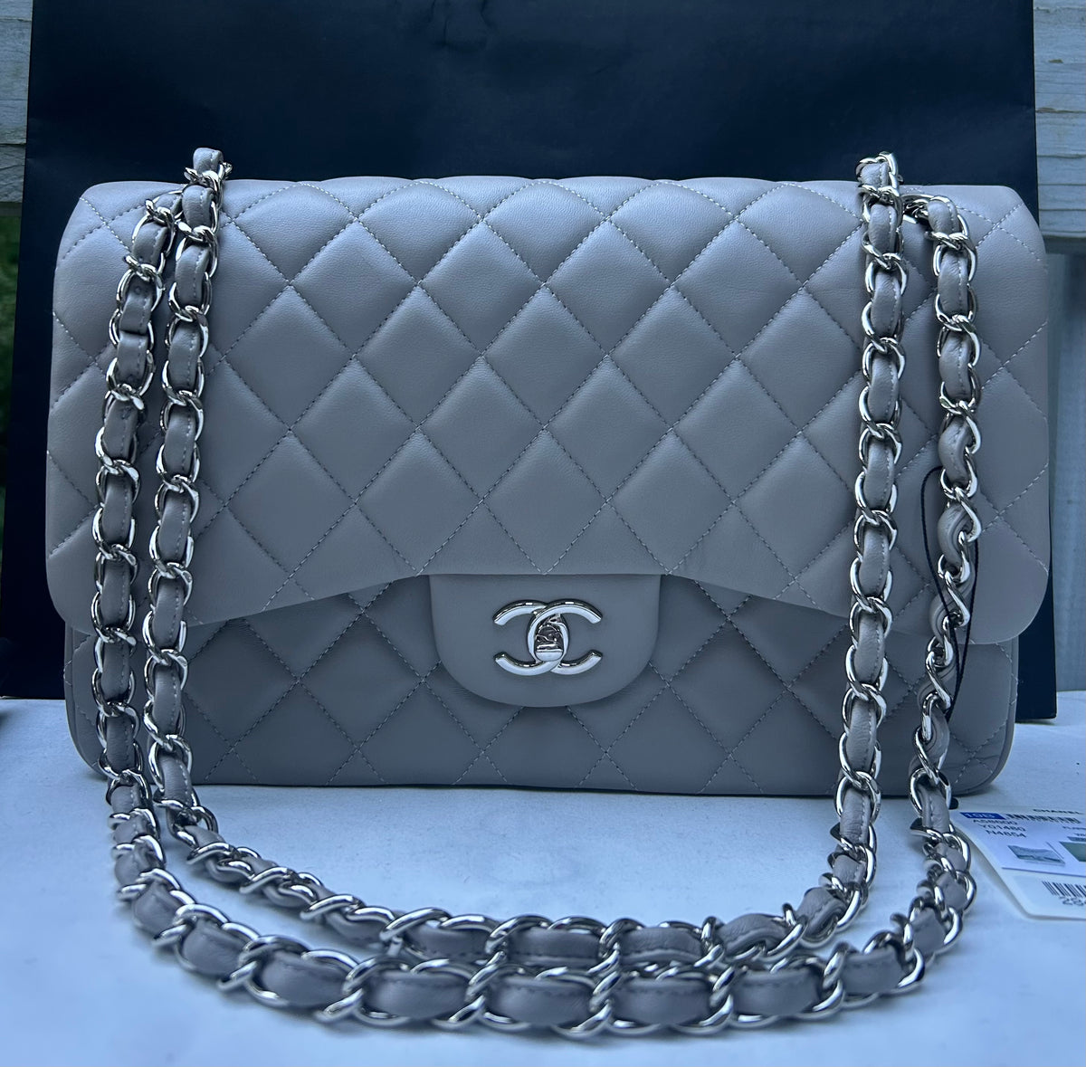CHANEL 19B Classic Jumbo Double Flap Quilted Lambskin Leather Handbag Light Grey