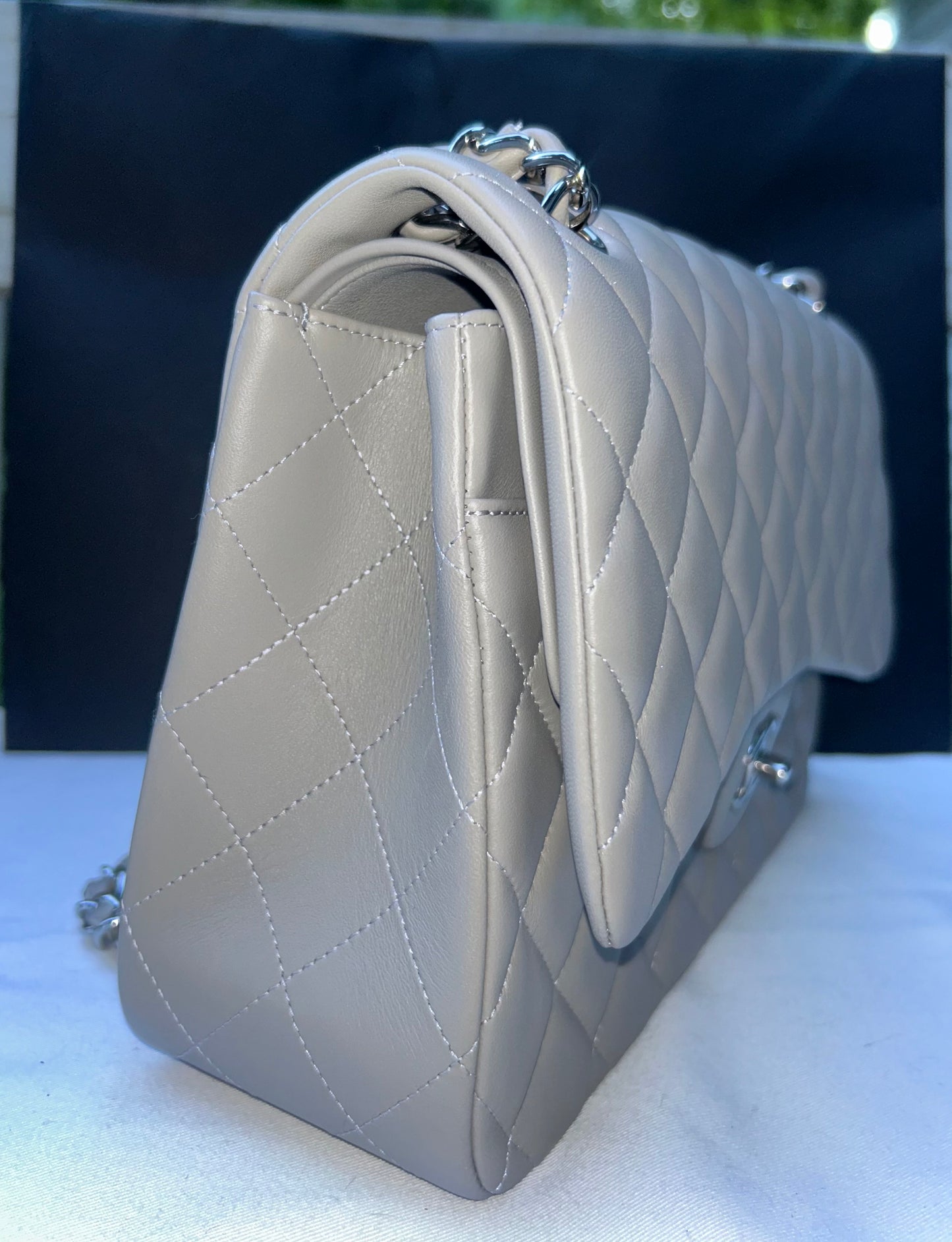 CHANEL 19B Classic Jumbo Double Flap Quilted Lambskin Leather Handbag Light Grey