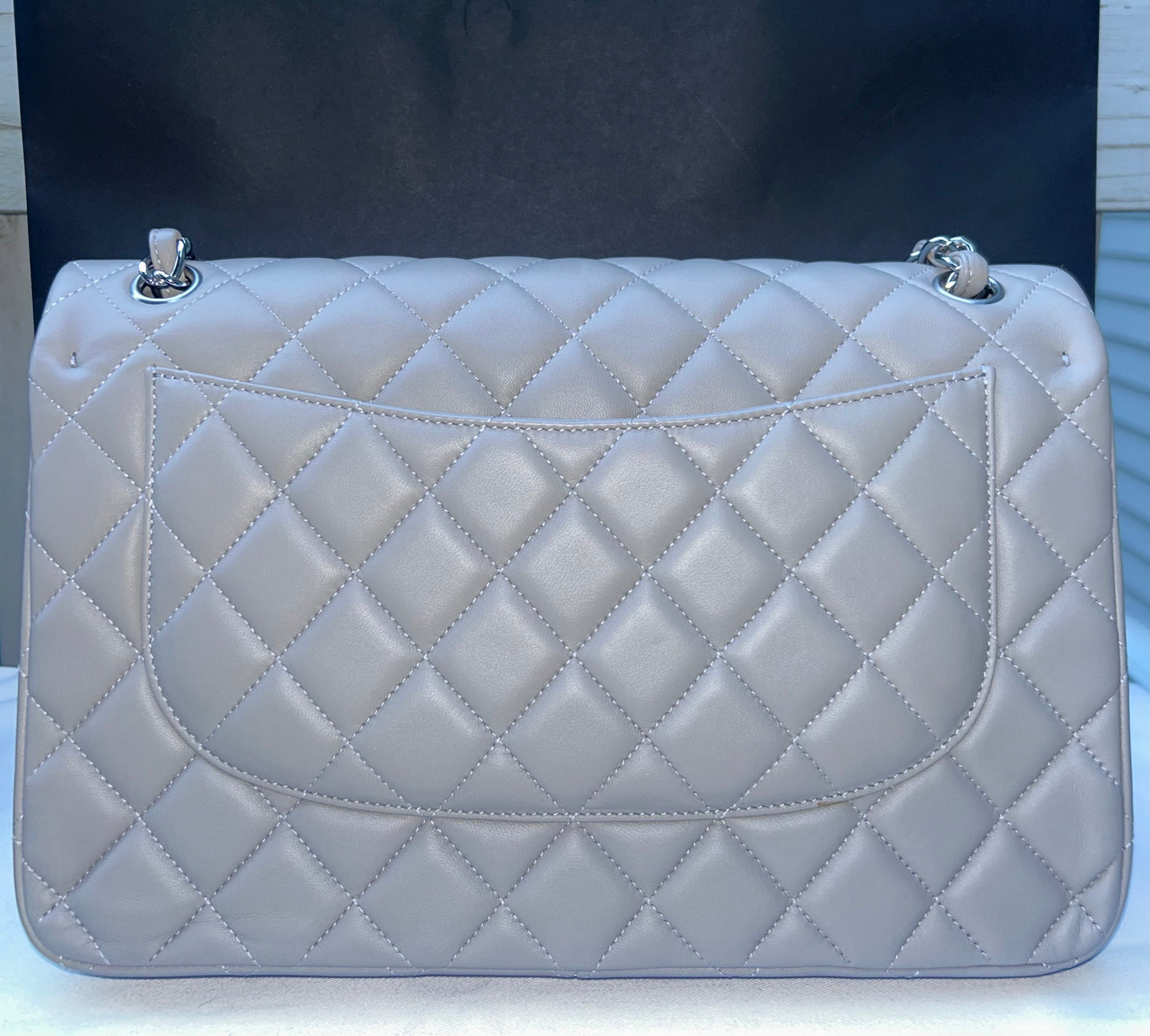 CHANEL 19B Classic Jumbo Double Flap Quilted Lambskin Leather Handbag Light Grey