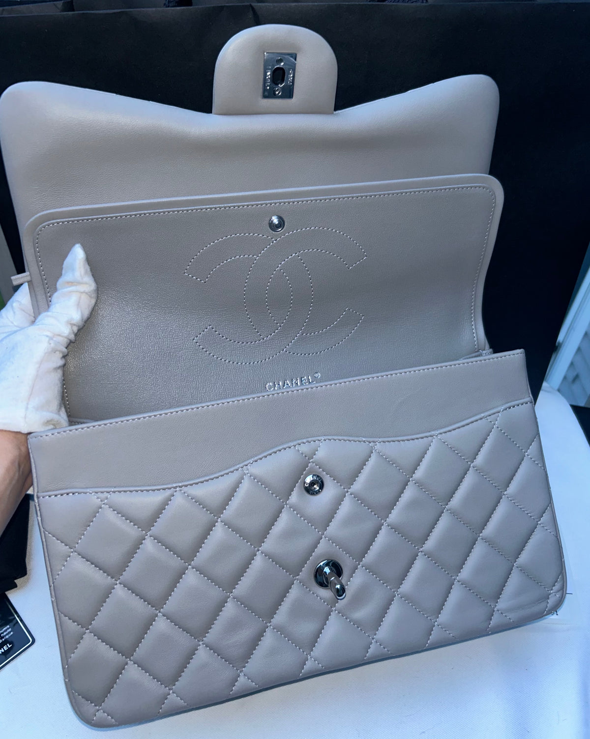 CHANEL 19B Classic Jumbo Double Flap Quilted Lambskin Leather Handbag Light Grey