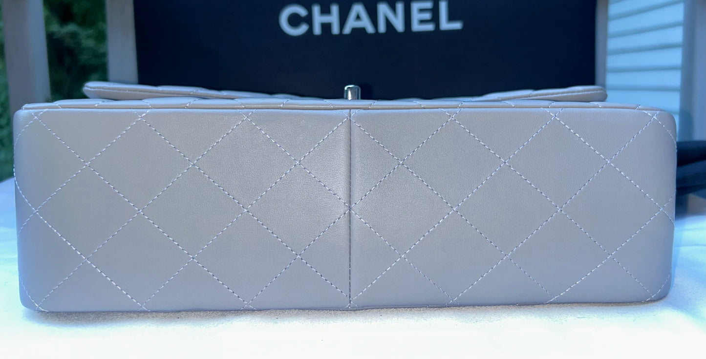CHANEL 19B Classic Jumbo Double Flap Quilted Lambskin Leather Handbag Light Grey