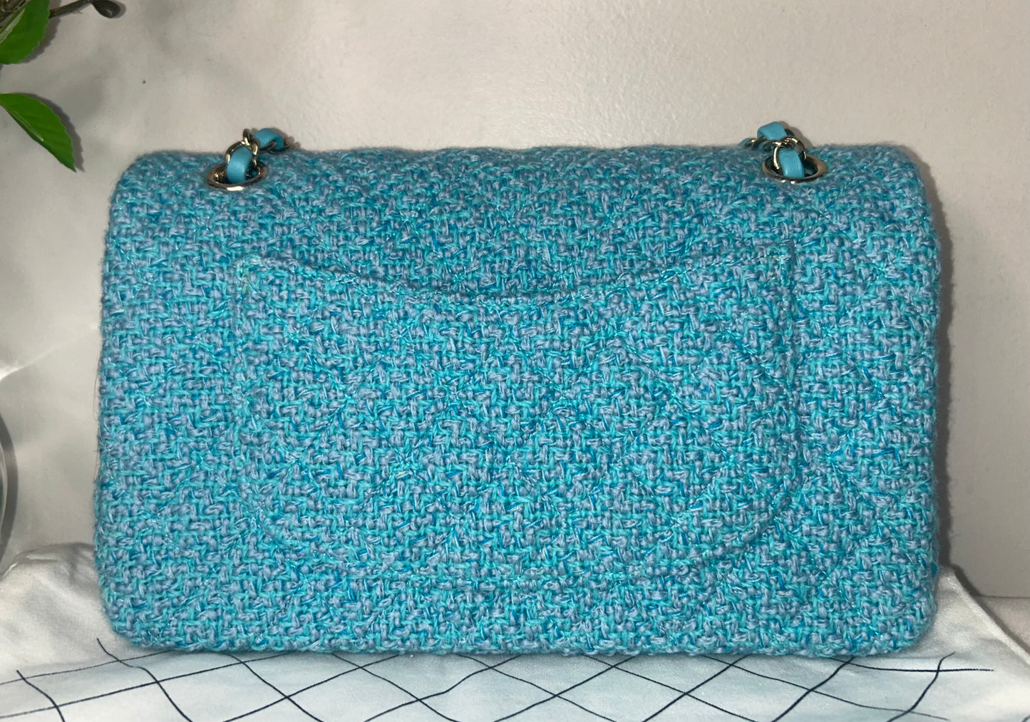 CHANEL 22K Tweed Quilted Medium Double Flap Bag Turquoise/ Gold Hardware
