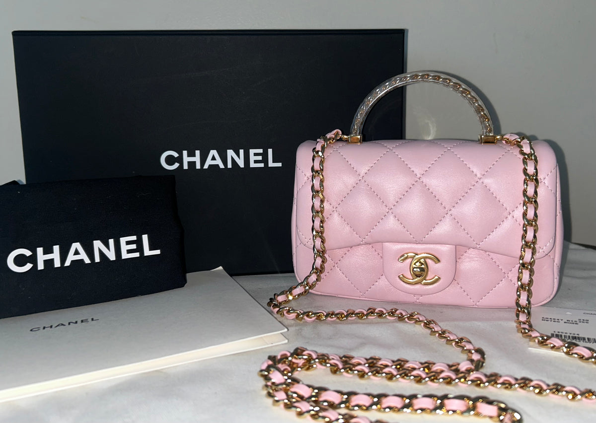 CHANEL 24S Mini Top Handle Flap Bag Quilted Lambskin Rose Light Pink