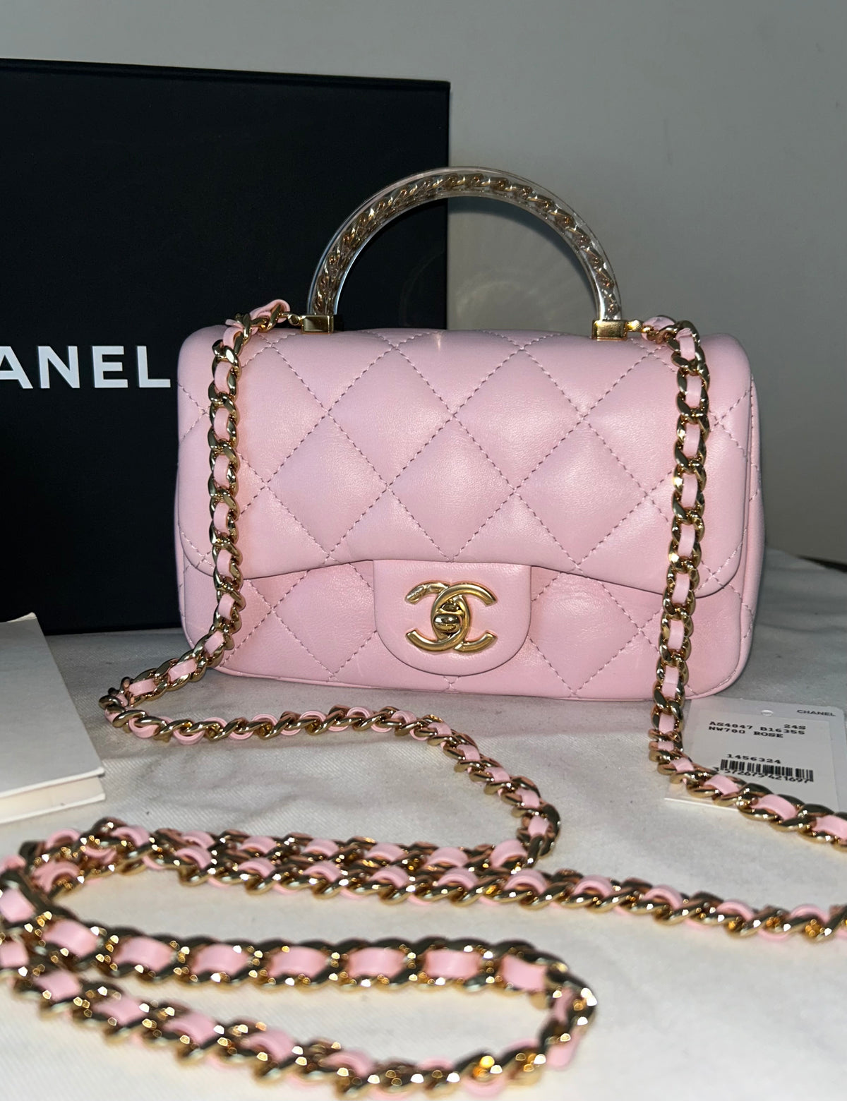 CHANEL 24S Mini Top Handle Flap Bag Quilted Lambskin Rose Light Pink