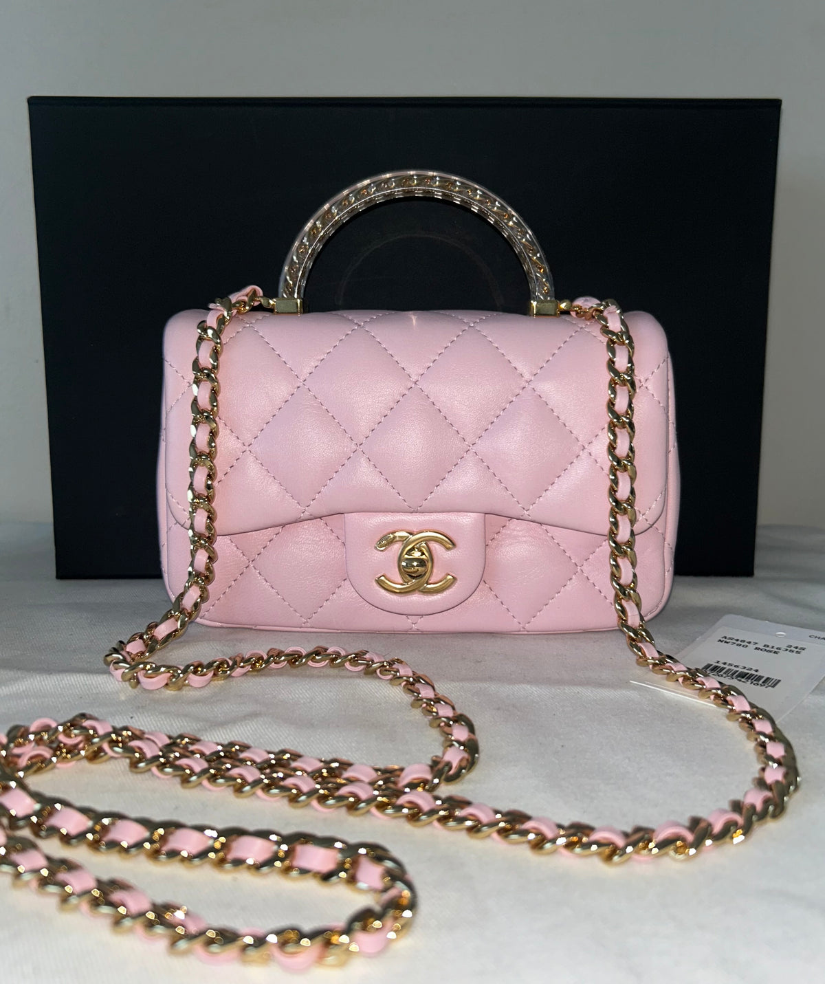 CHANEL 24S Mini Top Handle Flap Bag Quilted Lambskin Rose Light Pink